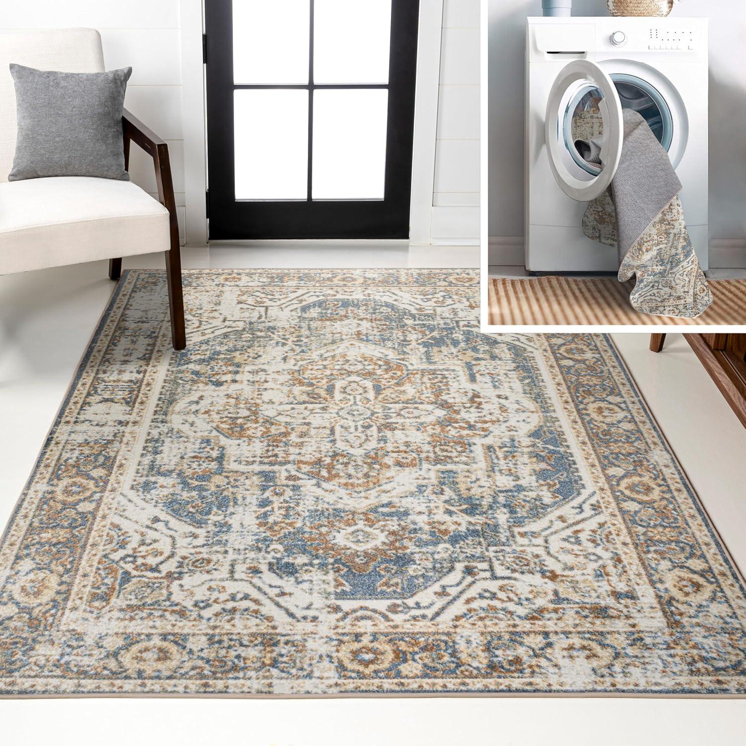 JONATHAN Y Keesha Bold Distressed Medallion Low-Pile Machine-Washable Blue/Cream 5 ft. x 8 ft. Area Rug