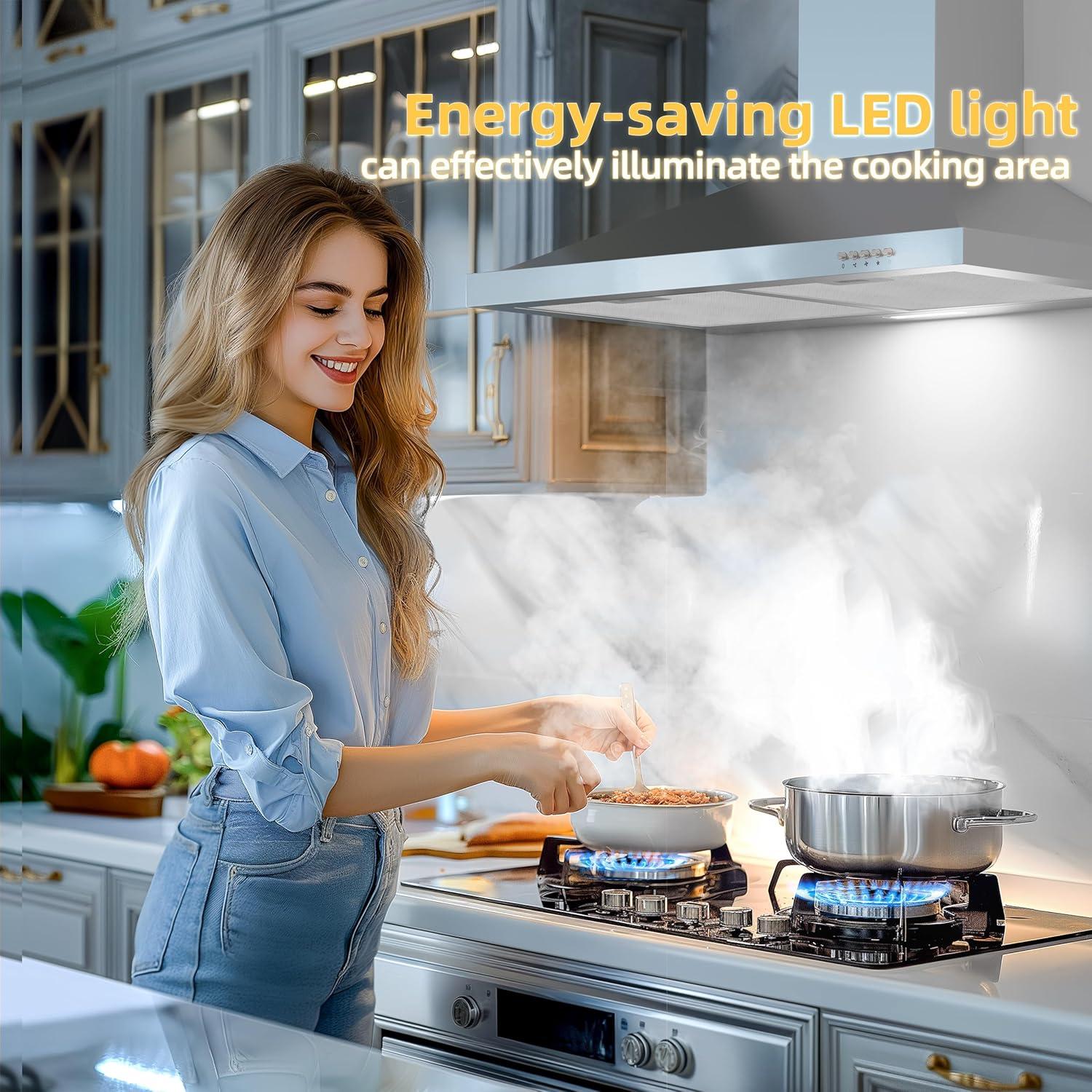 FIREGAS Range Hood 30 inch Wall Mount Type with Ducted/Ductless Convertible, 450 CFM Stainless Steel Chimney-Style Kitchen Hood, Over Stove Vent Hood with 3 Speed Fan, LED Light, Charcoal Filters