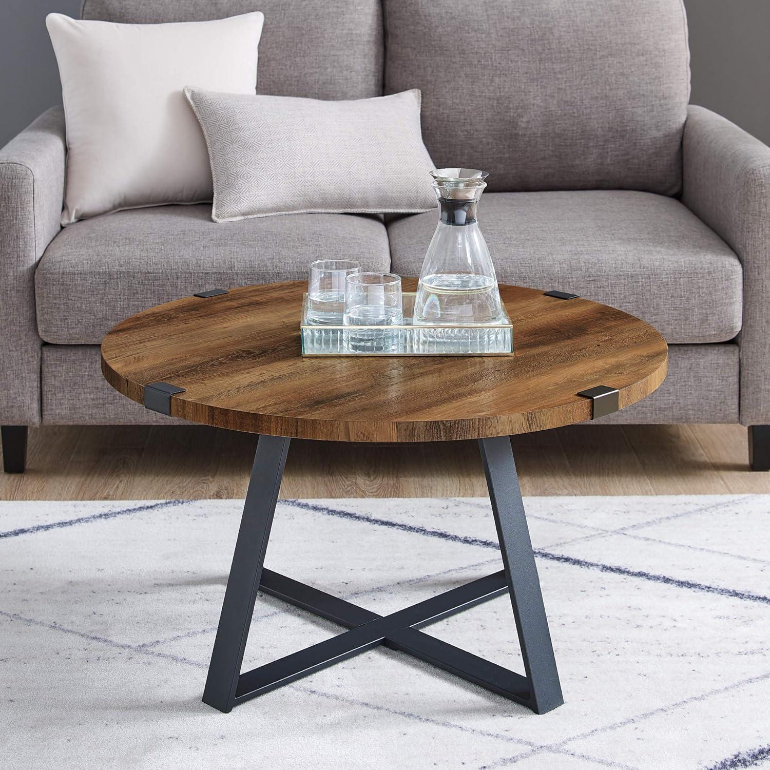 Walker Edison 30" Metal Round Coffee Table in Reclaimed Barnwood and Black