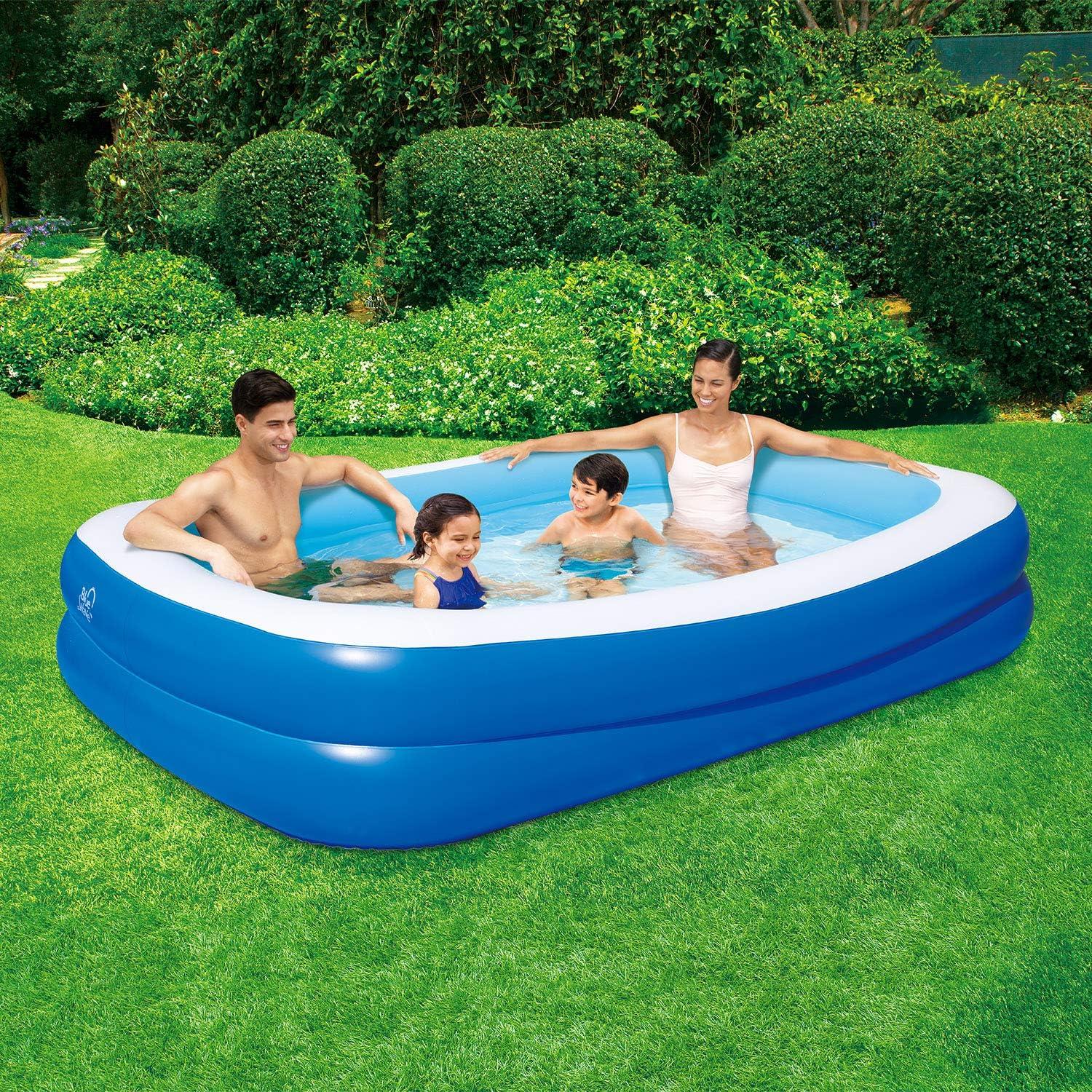 Blue and White Rectangular Inflatable Family Pool with Cover