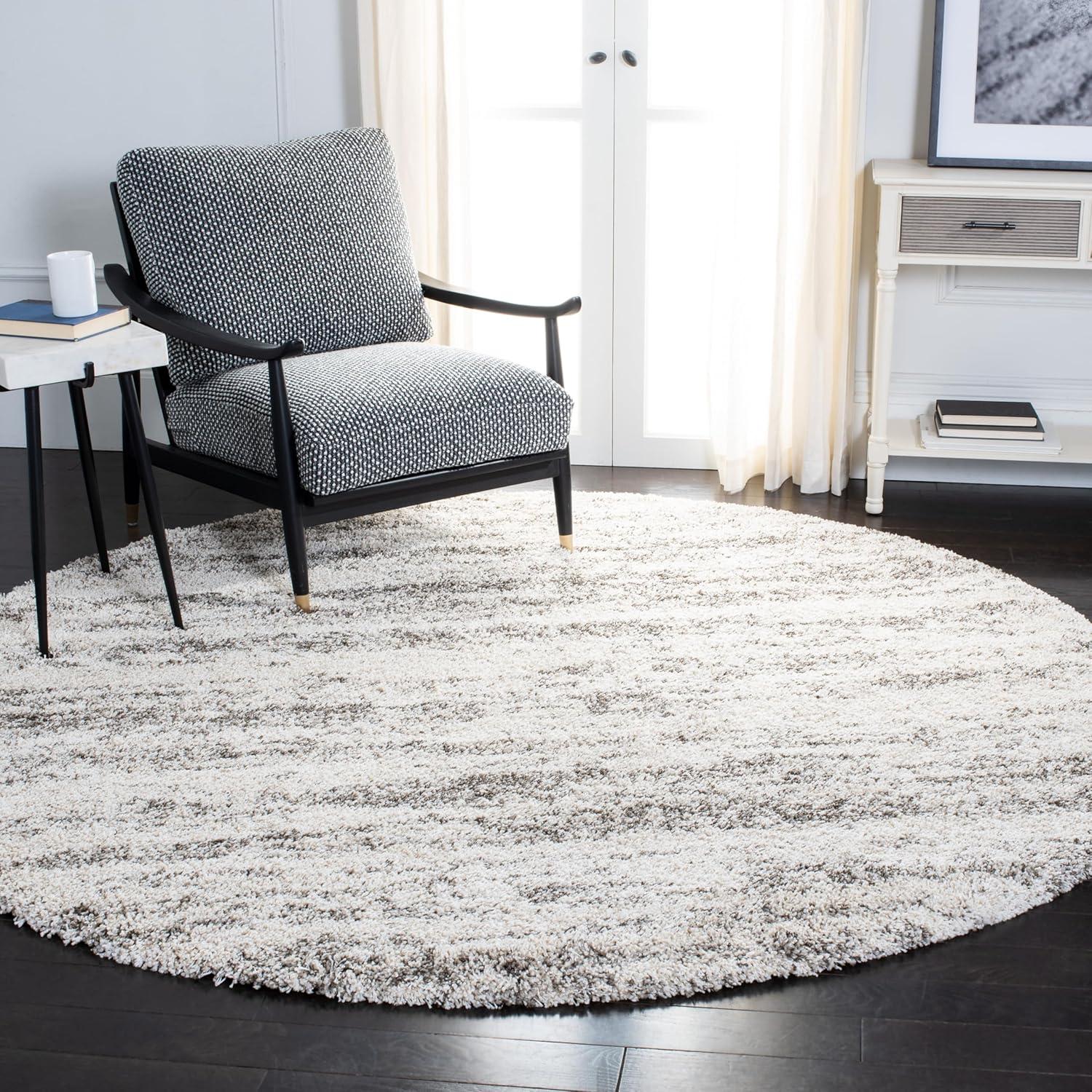 Ivory and Grey Round Shag Area Rug, 7' x 7'