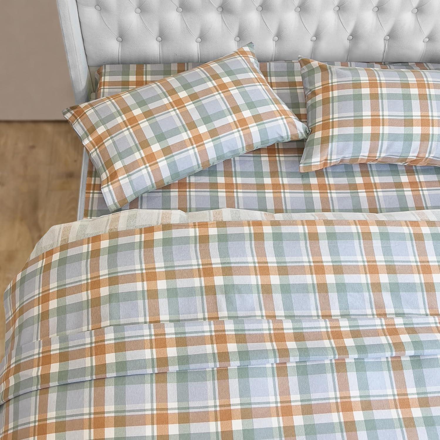 Elegant Comfort Soft 4-Piece Sheet Set - Deep Pocket Fitted Sheet, Soft, Cozy, Warm and Anti-Pill Flannel Sheets - Queen, Plaid Coral