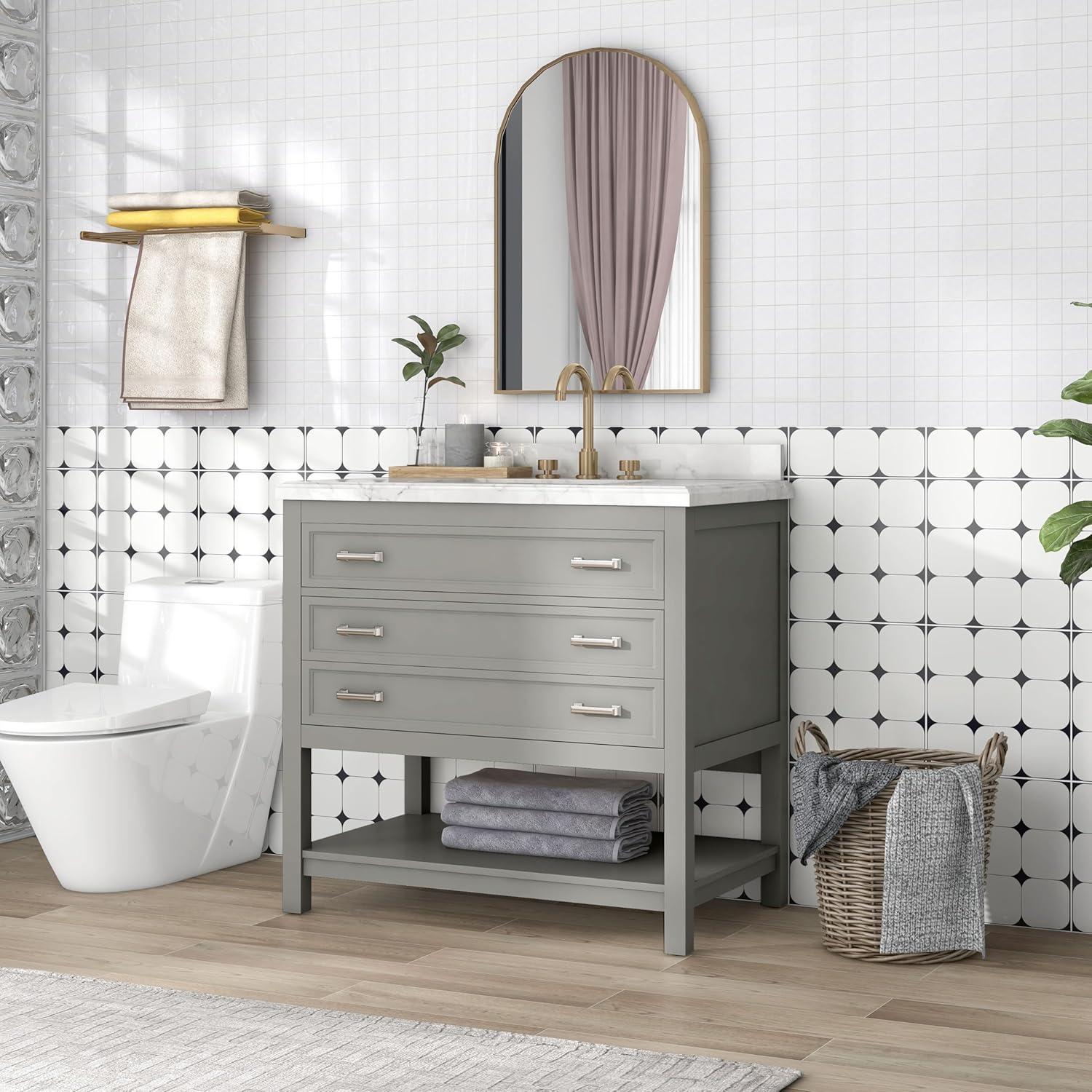 Gray Pine Wood Single Bathroom Vanity with Carrara Marble Top