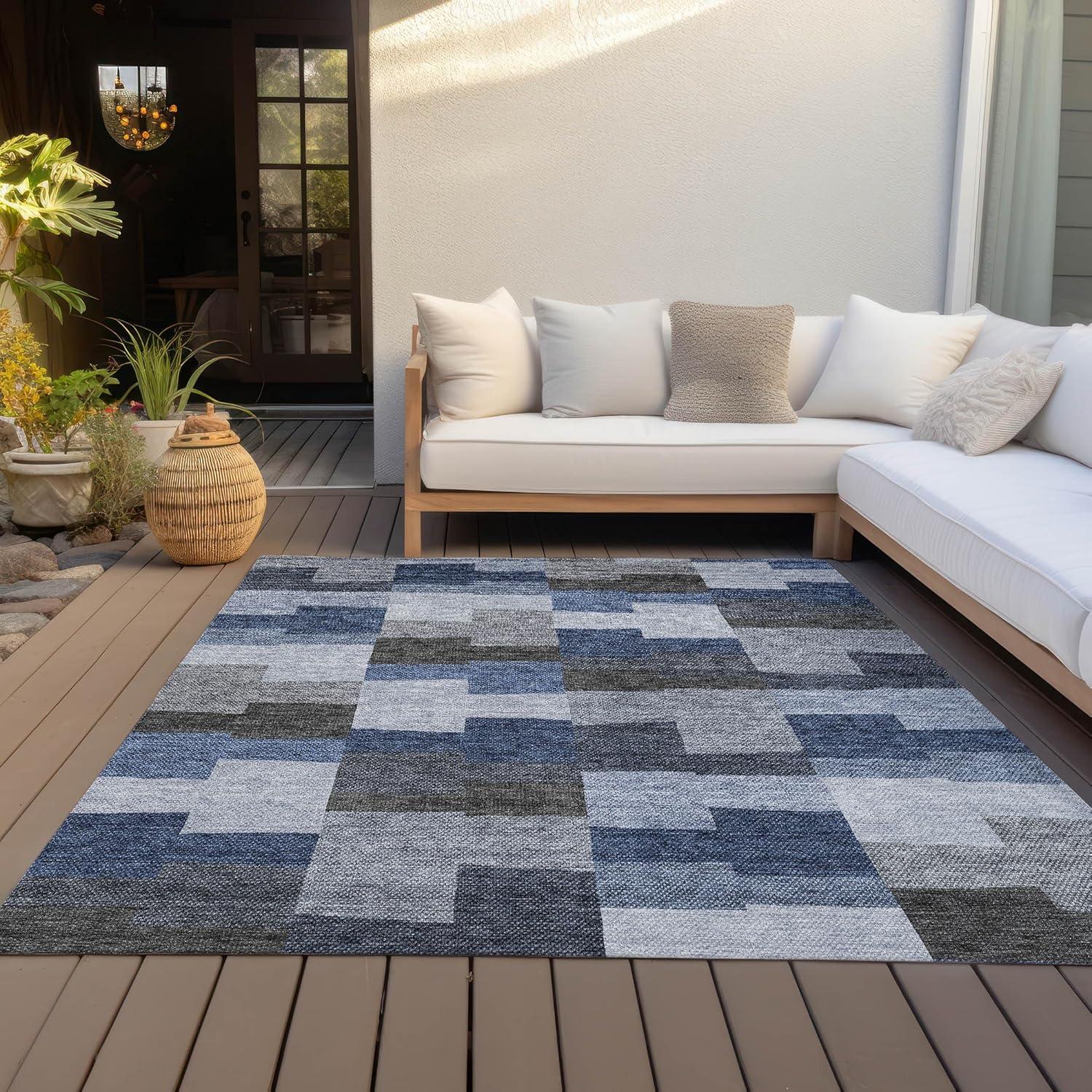 Blue and Gray Geometric 9' x 12' Indoor Outdoor Area Rug