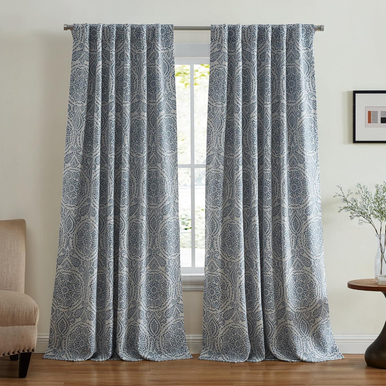 Blue Medallion Print Blackout Linen-Polyester Window Curtains