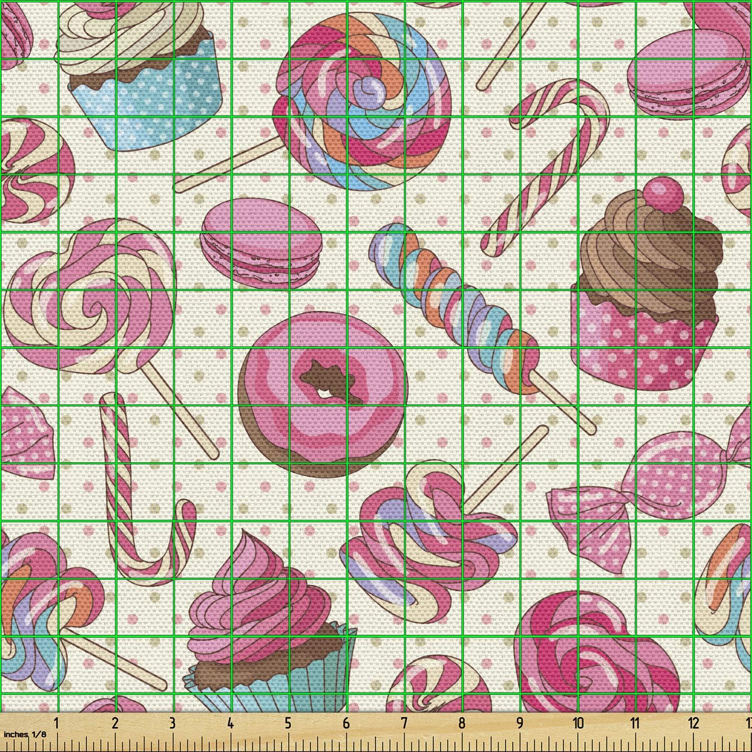 Ambesonne Candy Cane Fabric by the Yard Upholstery, Yummy Food on Dots, 1 Yard, Multicolor