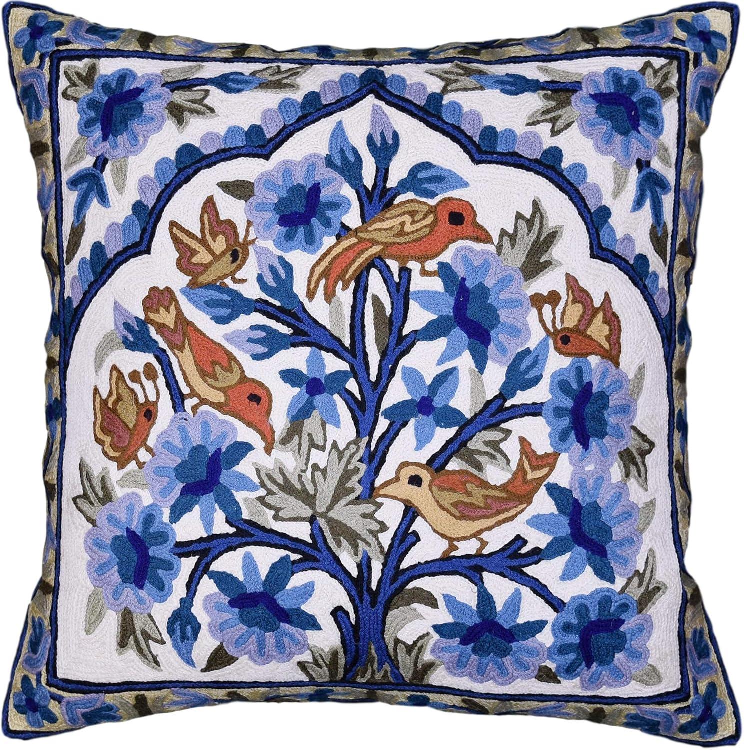 Teal Blue Embroidered Cotton Euro Pillowcase with Birds