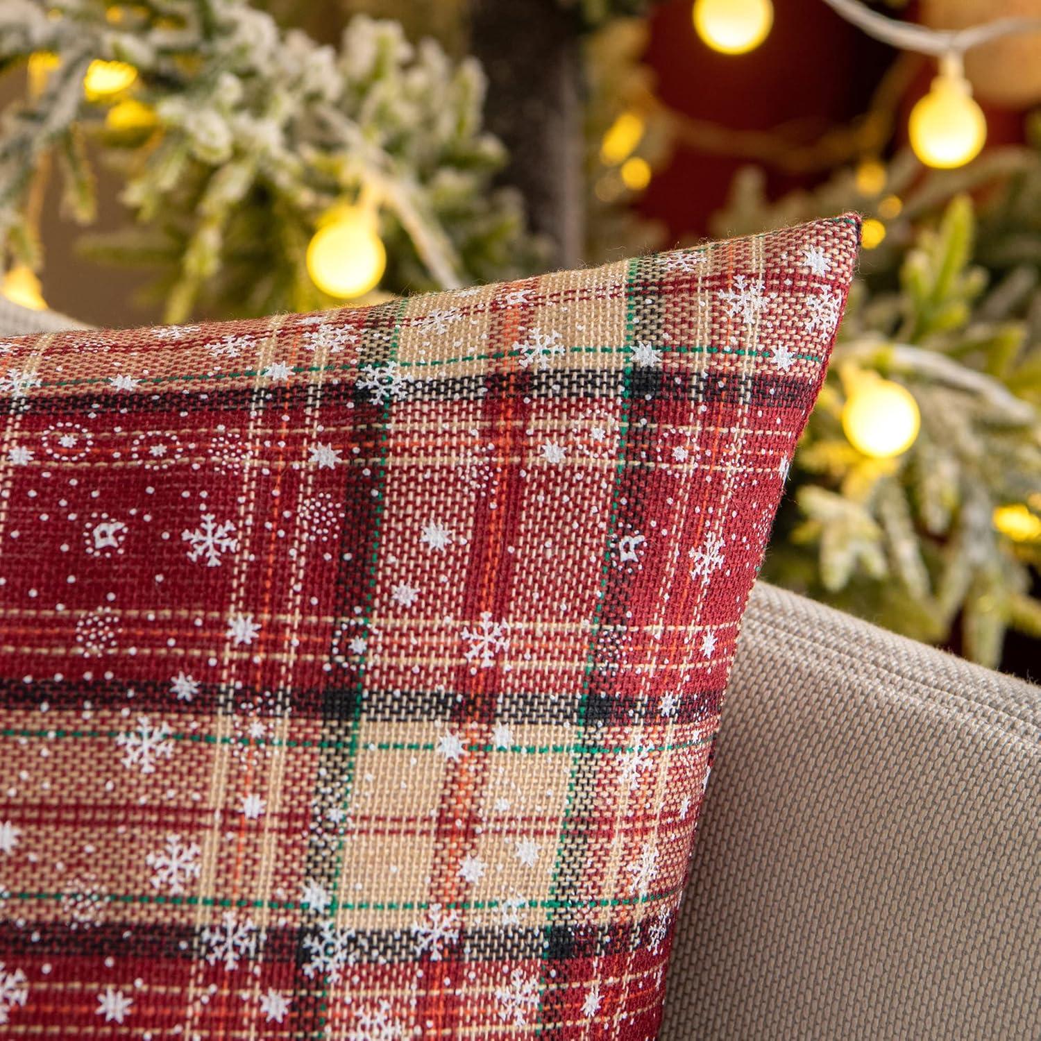 Red and Beige Tartan Plaid Snowflake 18" Polyester Euro Pillow Covers