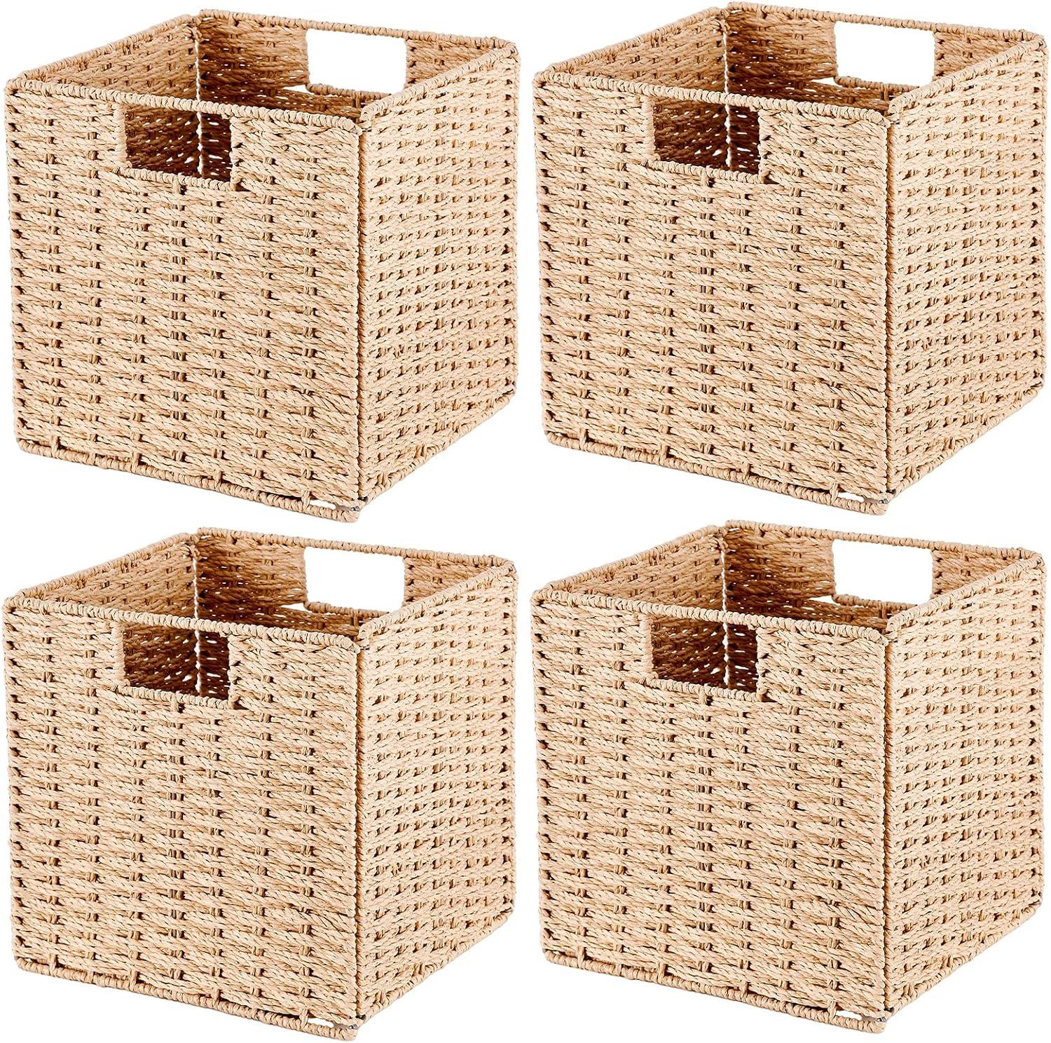 Rectangular Natural Water Hyacinth Hand Woven Rattan Wicker Storage Basket Set with Iron Wire Frame