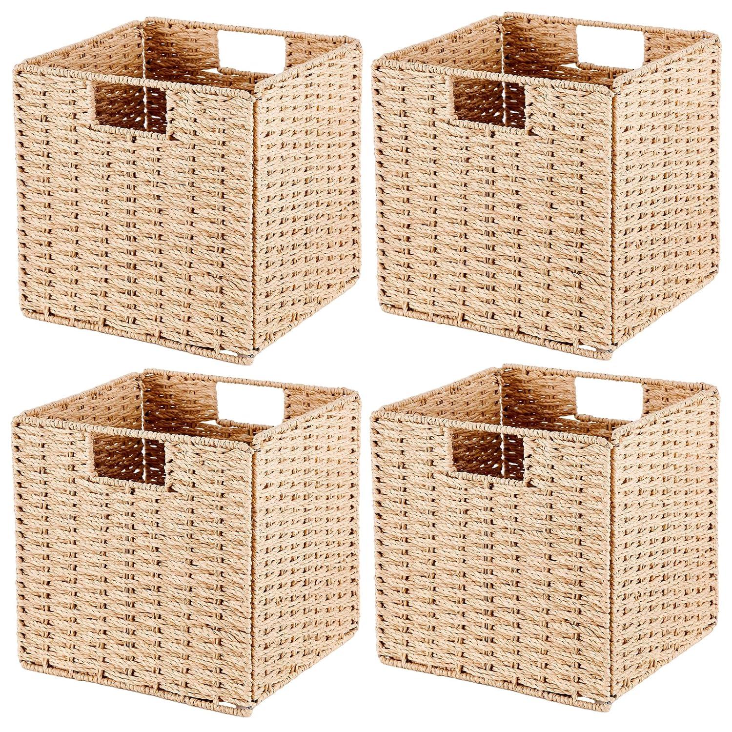 Rectangular Natural Water Hyacinth Hand Woven Rattan Wicker Storage Basket Set with Iron Wire Frame