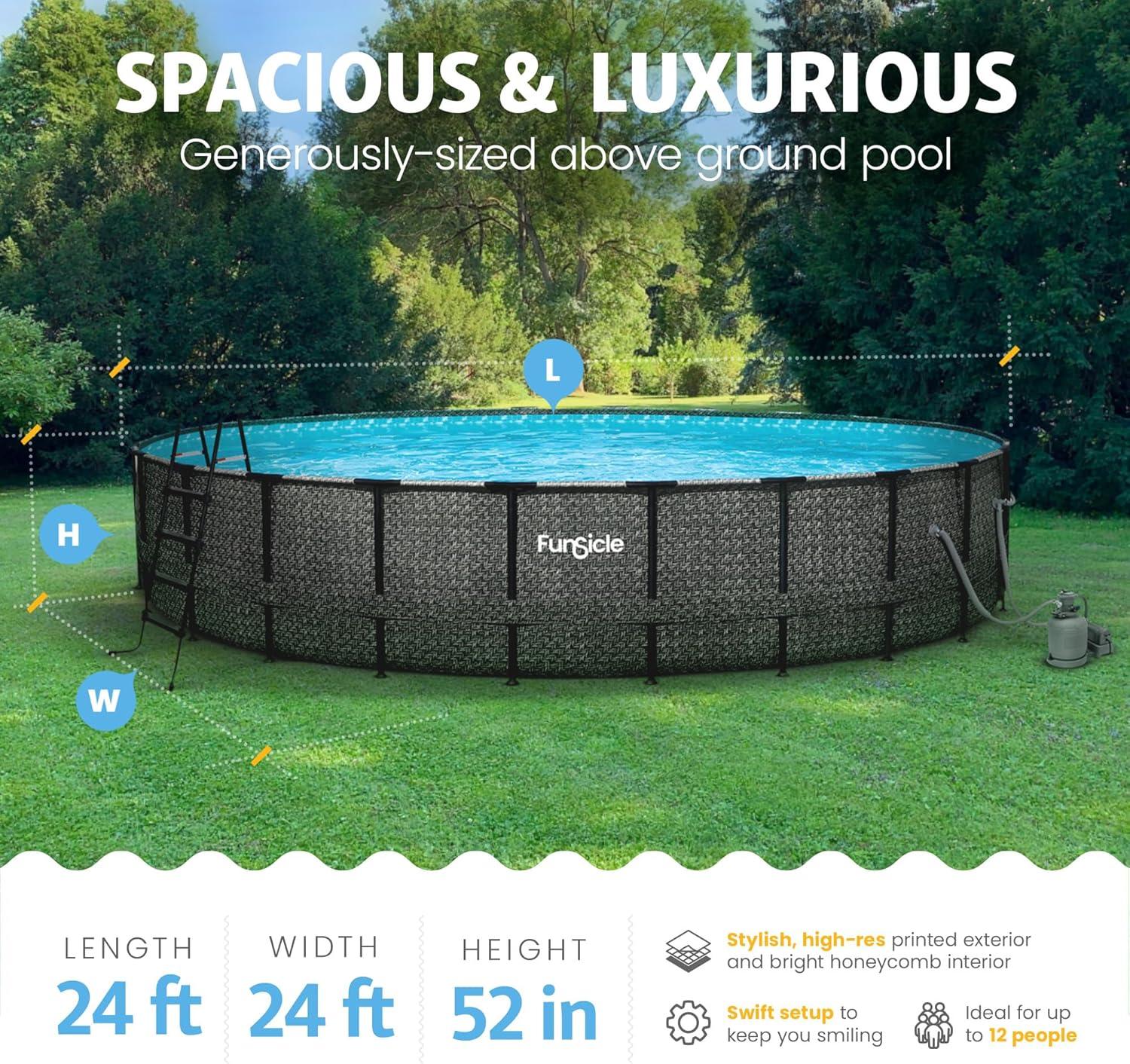 Funsicle 24 Feet by 52 Inches Oasis Designer Round Frame Above Ground Swimming Pool with SkimmerPlus Filter Pump and Cover, Dark Herringbone Pattern