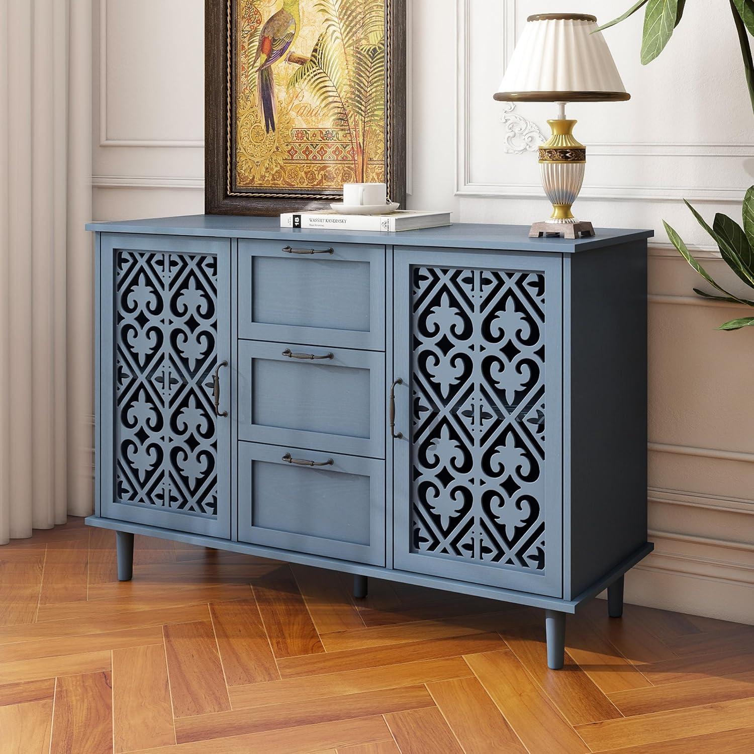 American Retro Cabinet with 2 Doors & 3 Drawers, Freestanding Storage Unit with Hollow Pattern for Bedroom, Living Room, Office, Club, Study, Blue