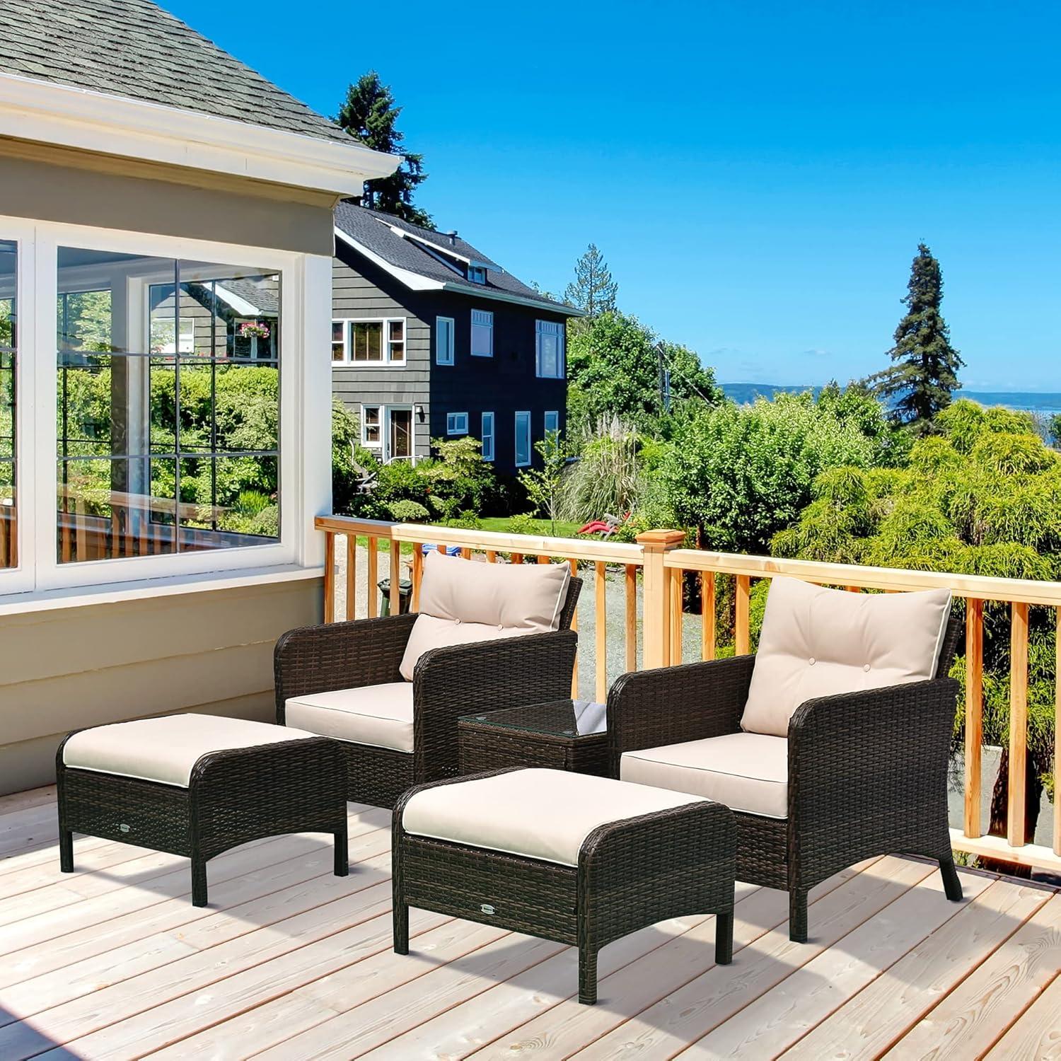 Outsunny 5 Piece Rattan Wicker Lounge Chair, Outdoor Patio Conversation Set with 2 Cushioned Chairs, 2 Ottomans & Top Coffee Table, Brown