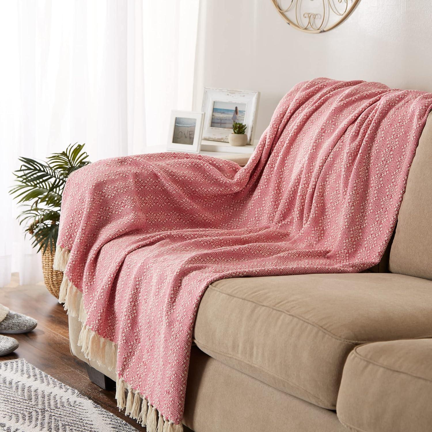 50"x60" Diamond Stitched Throw Blanket Rose - Design Imports: Cotton, Hypoallergenic, Woven Couch Accessory
