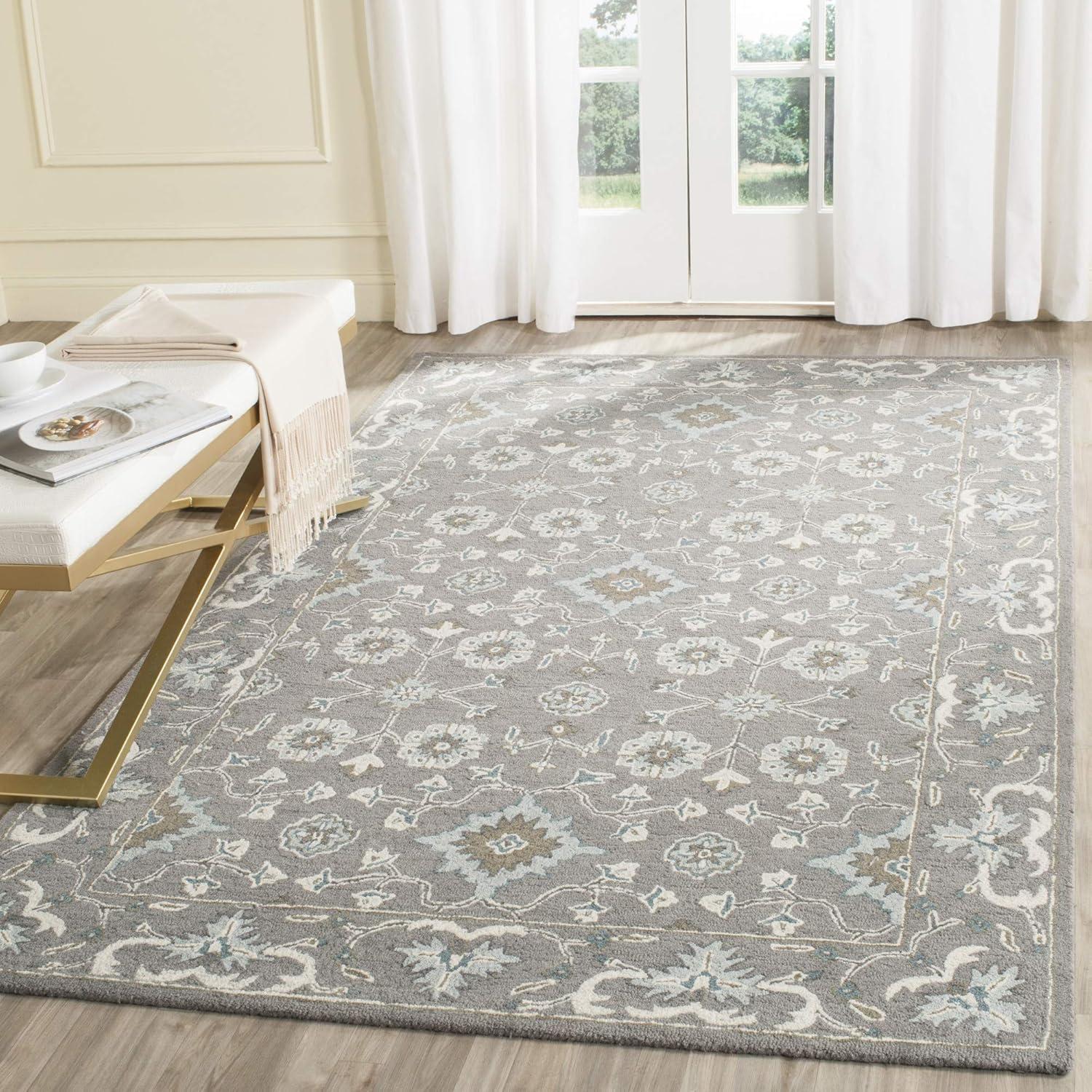 Elegant Hand-Tufted Blossom Floral Wool Rug in Gray, 5' x 8'