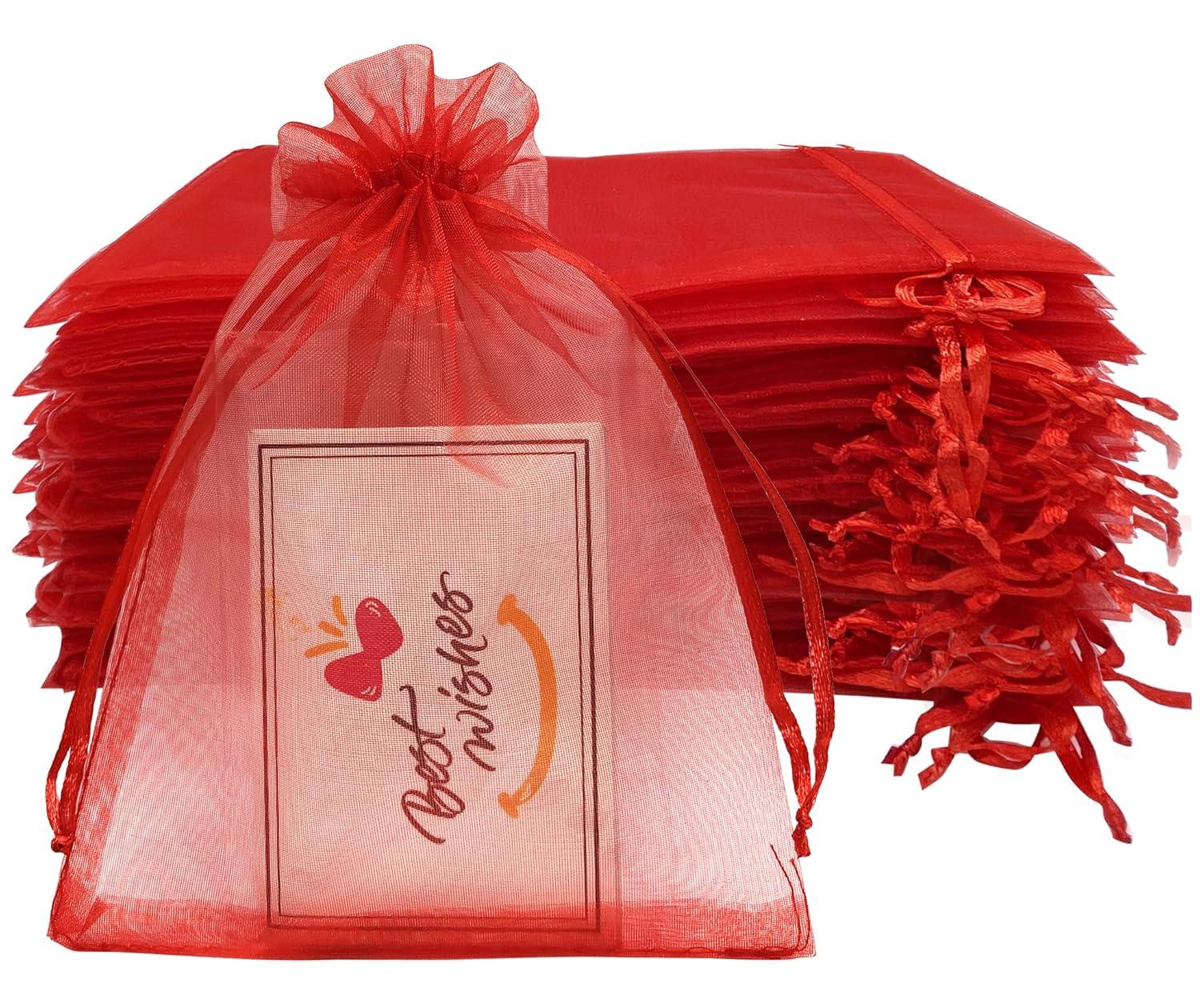 100PCS 4x6inch (10x15cm) Drawstring Organza Jewelry Favor Pouches Wedding Party Festival Gift Bags Candy Bags (Red)