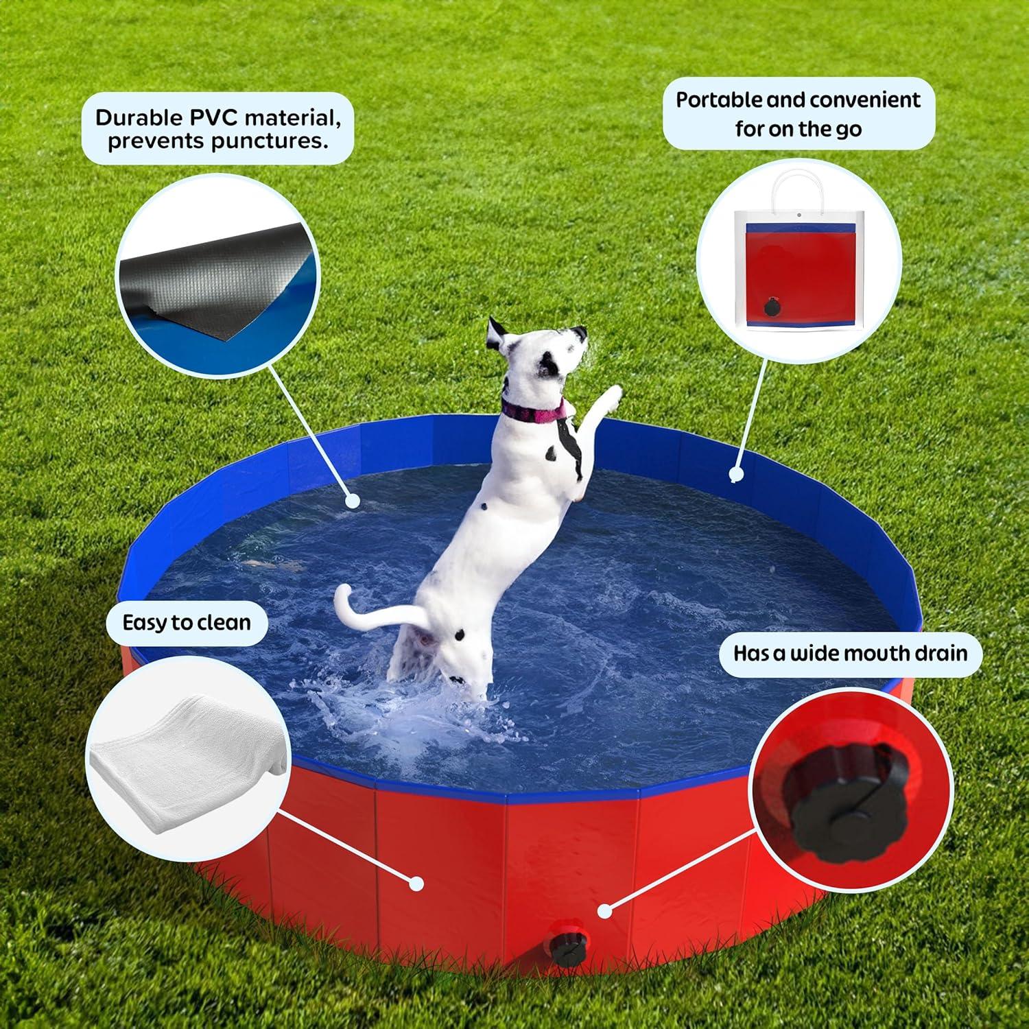 Dog Pool - Portable, Foldable 30.5-Inch Doggie Pool with Drain and Carry Bag - Pet Swimming Pool for Bathing or Play by PETMAKER (Red)