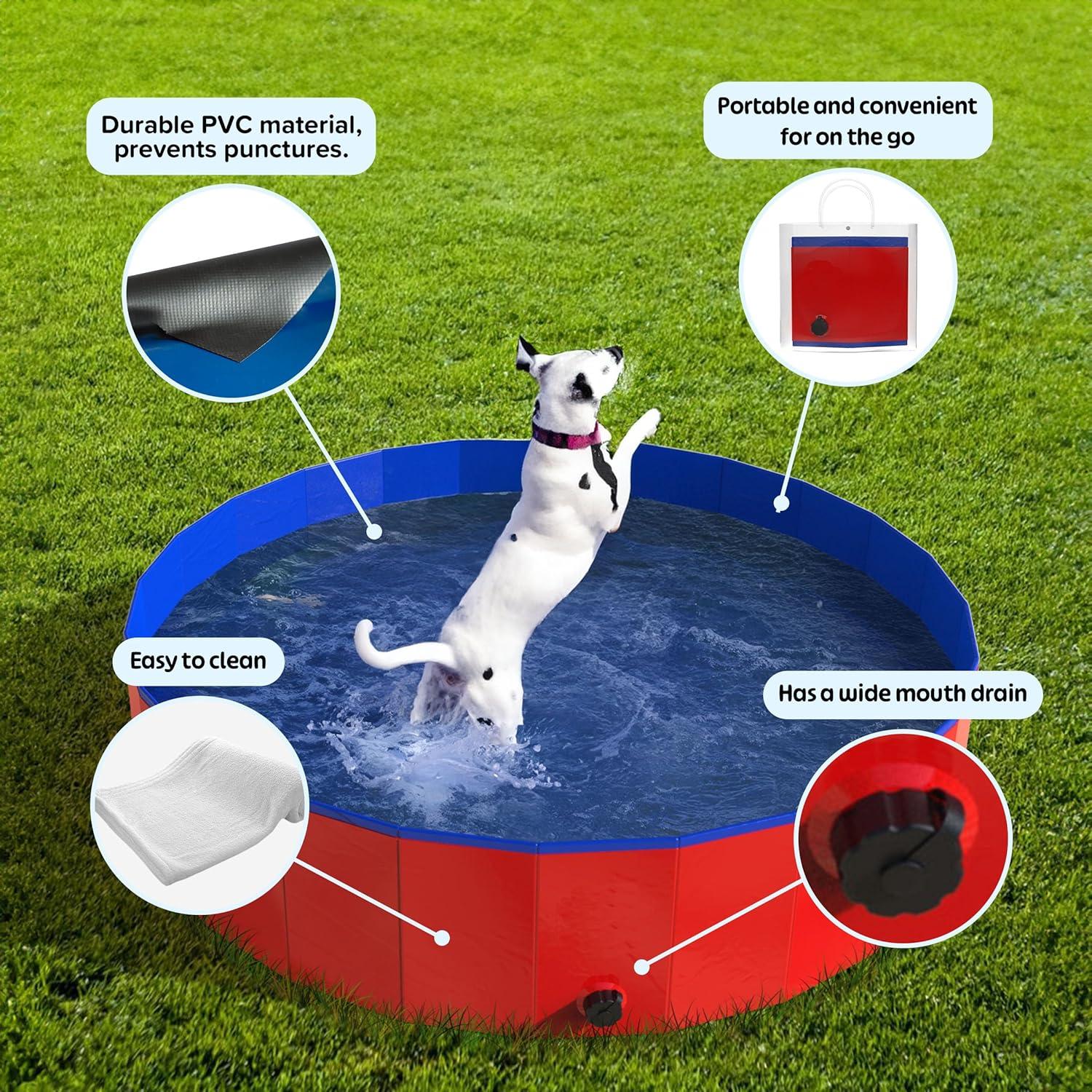Portable Dog Pool for Large Dogs - Foldable Plastic Bathing Tub with Drain and Carrying Bag for Pets and Backyard Play with Kids by PETMAKER (Blue)