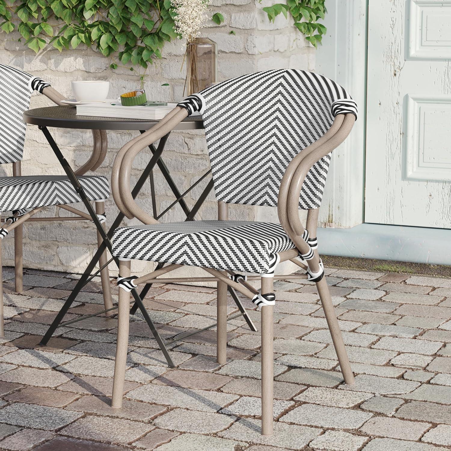 Flash Furniture Marseille Indoor/Outdoor Commercial Bistro Stacking Chair with Arms, Black/White Textilene & Bamboo Print Aluminum Frame in LT Natural