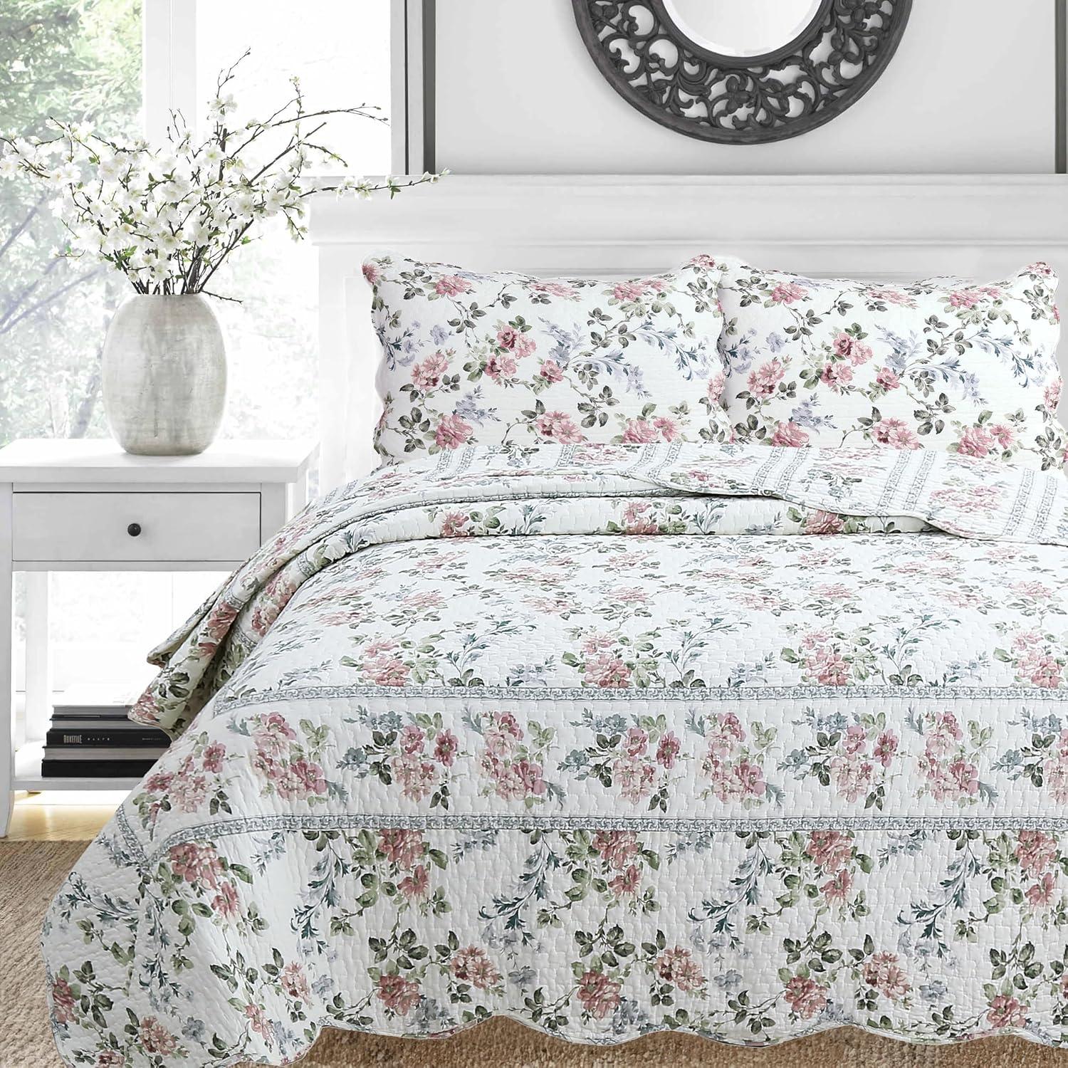 Blue Floral Cotton Reversible King Quilt Set