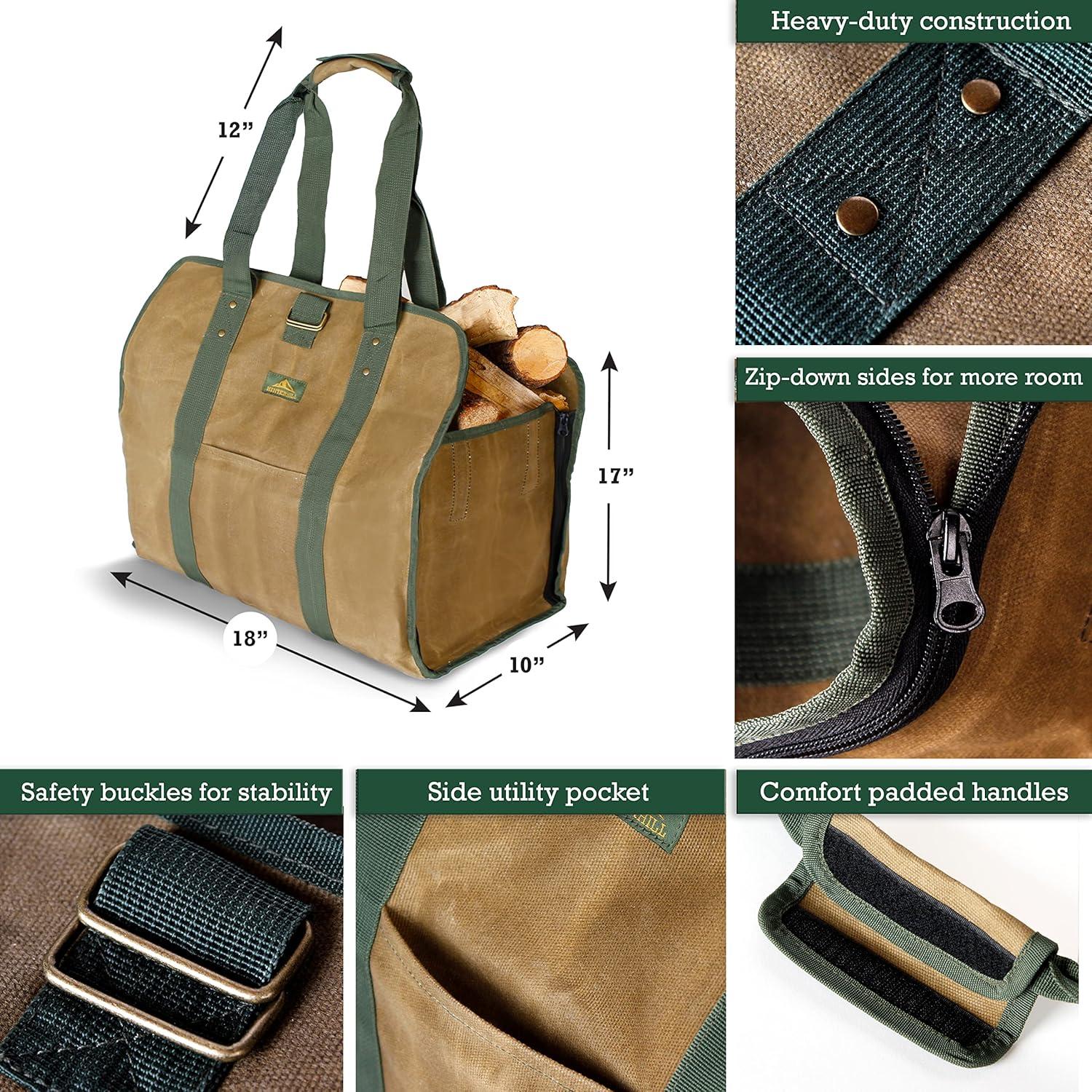 HinterHill 2-in-1 Firewood Carrier Bag. Adjustable Canvas Bag with Zip-Down Sides for Fireplace Wood