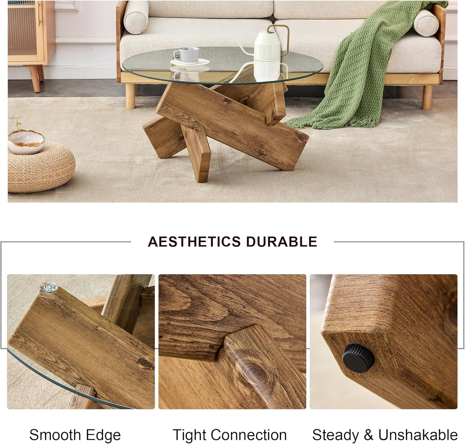 PAPROOS Round Coffee Table for Living Room, Modern Small Coffee Table with Tempered Glass Countertop and Patterned MDF Legs, Enter Table Side Table Glass Coffee Table, Easy Assembly, Natural Wood