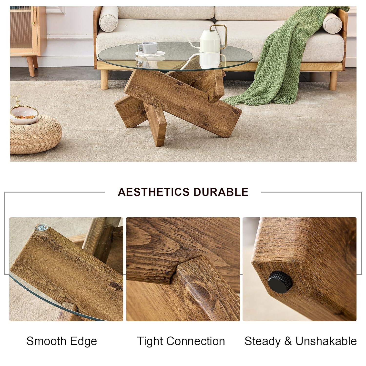 PAPROOS Round Coffee Table for Living Room, Modern Small Coffee Table with Tempered Glass Countertop and Patterned MDF Legs, Enter Table Side Table Glass Coffee Table, Easy Assembly, Natural Wood
