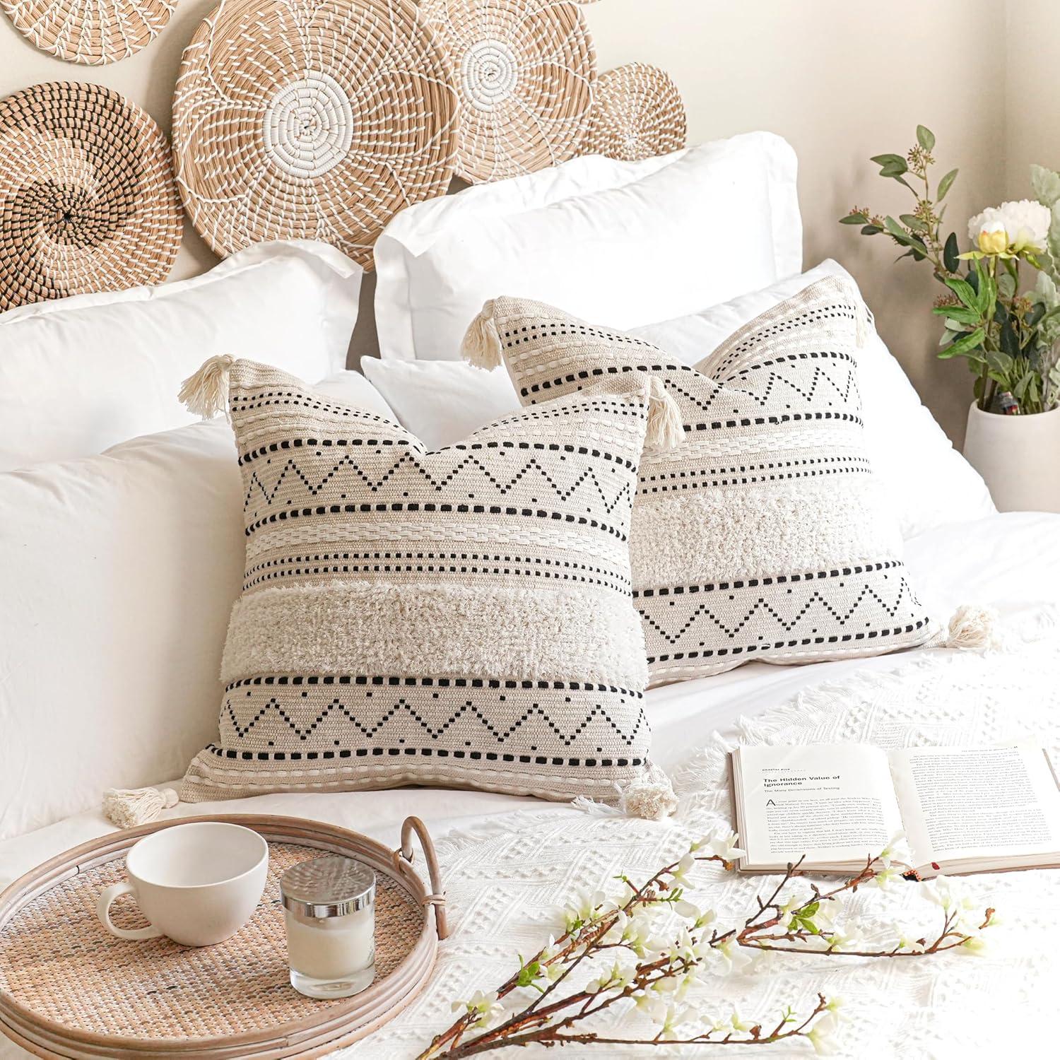 Decorative Throw Pillow Cover 20x20 Combo Set of 2 Square Boho Black Neutral Accent Pillowcase Tassels Farmhouse Cushion for Couch Sofa Bedroom Living Room Home Décor Cover ONLY