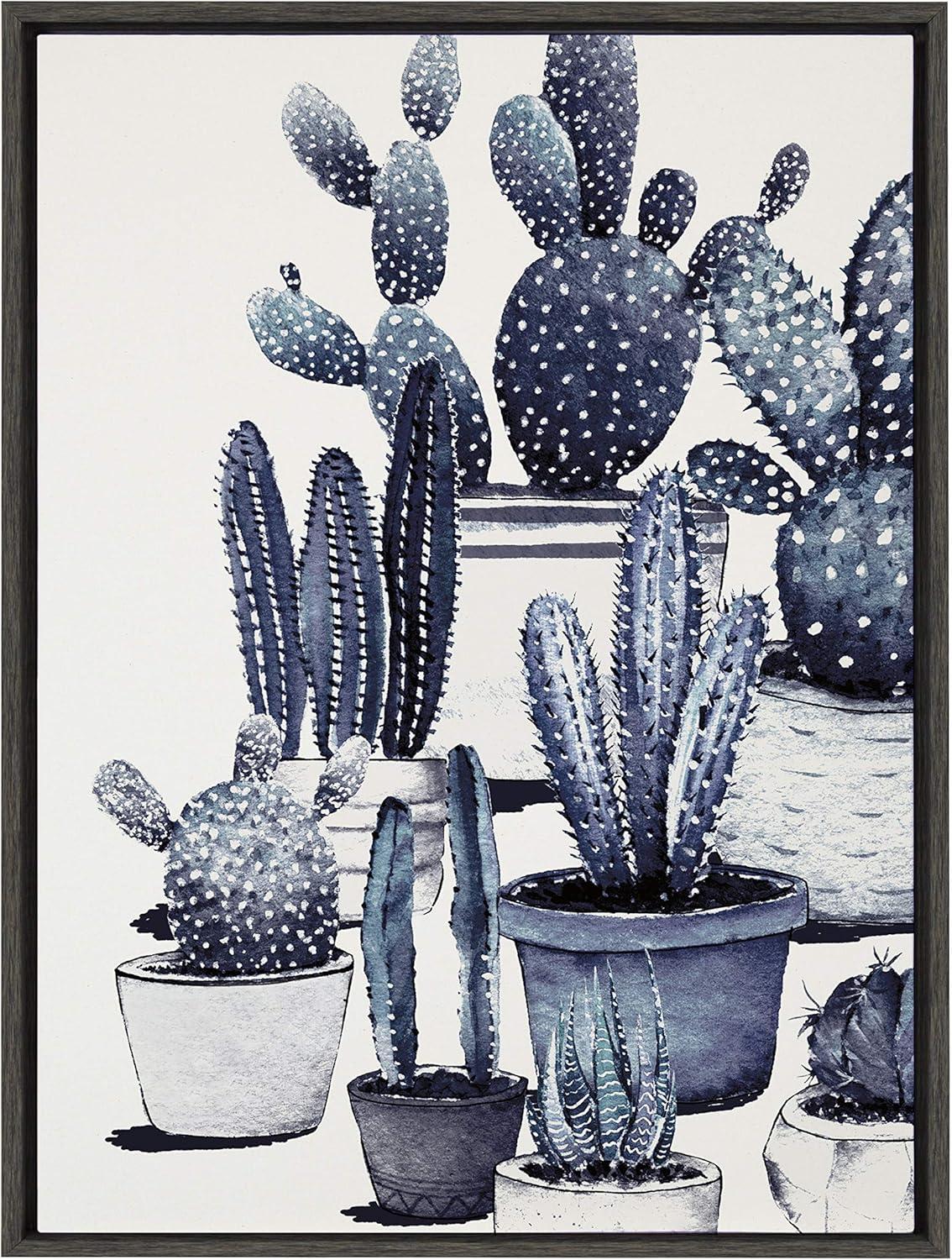 Blue Potted Cacti Framed Canvas Wall Art, 23" x 33"