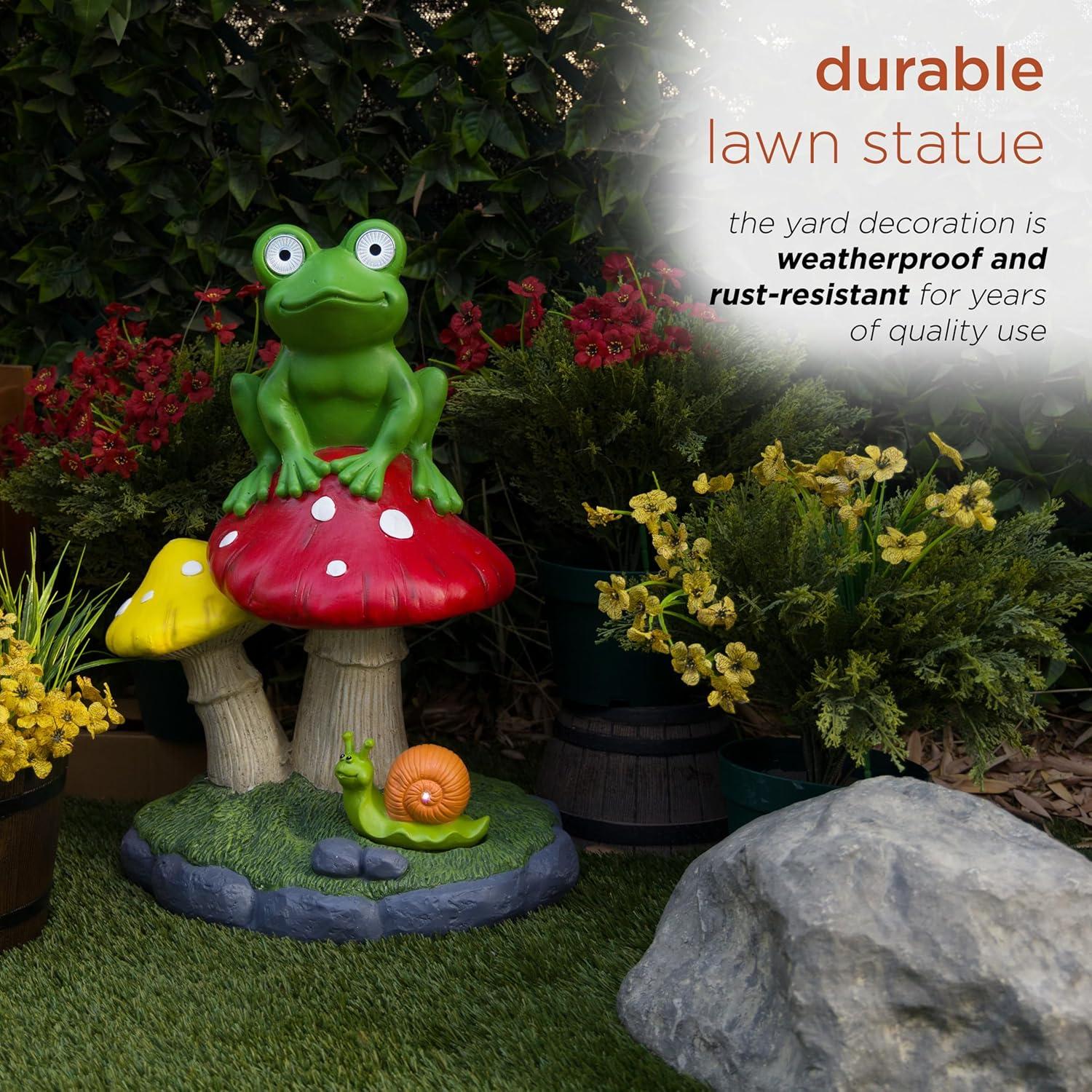 Solar Frog Sitting On Top of Mushroom Statue