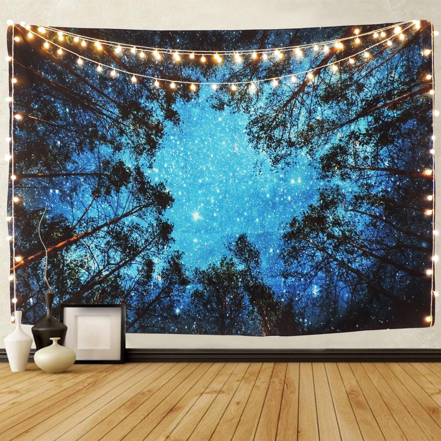 Forest Starry Night Sky Polyester Wall Tapestry