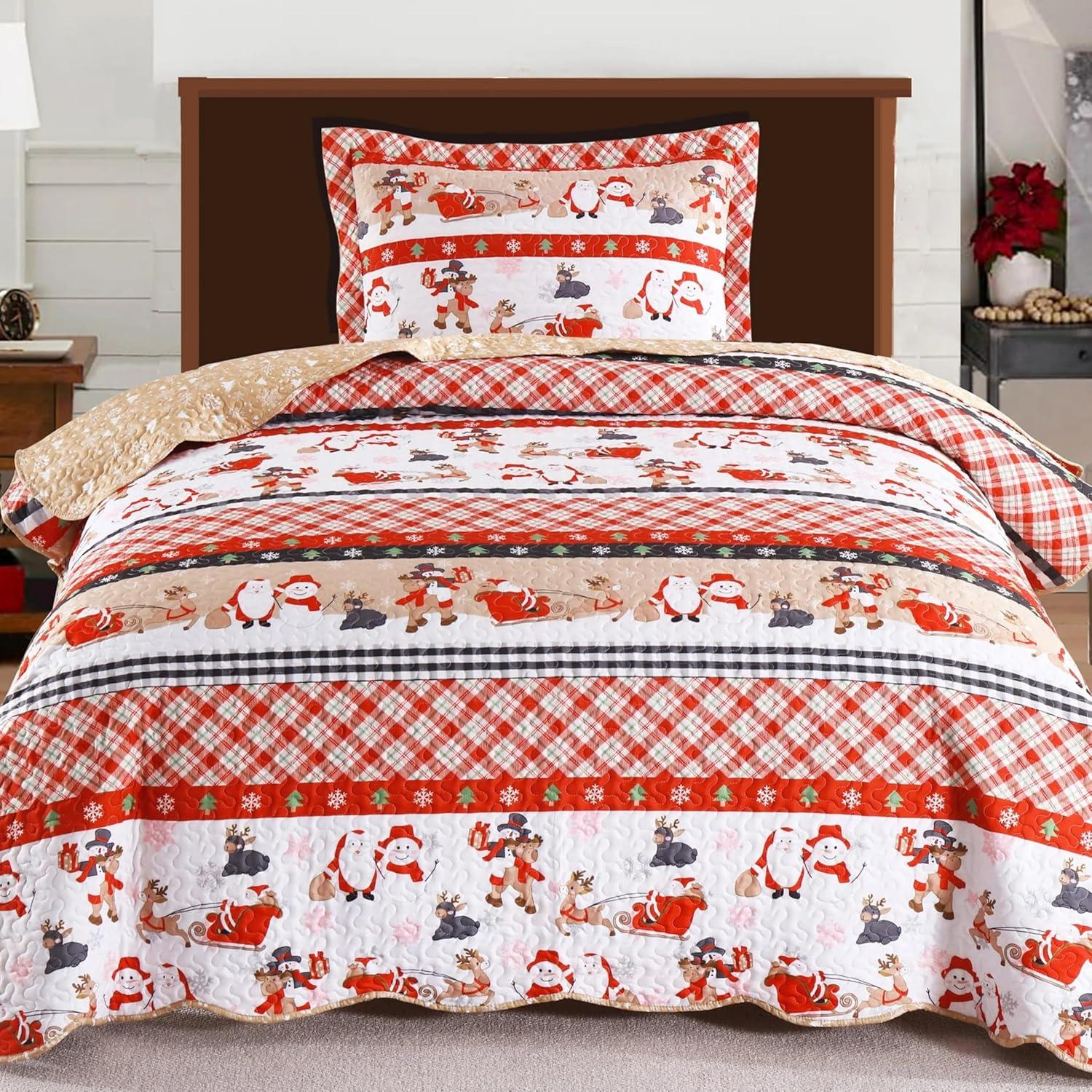 Red and White Reversible Kids Twin Christmas Bedspread Set