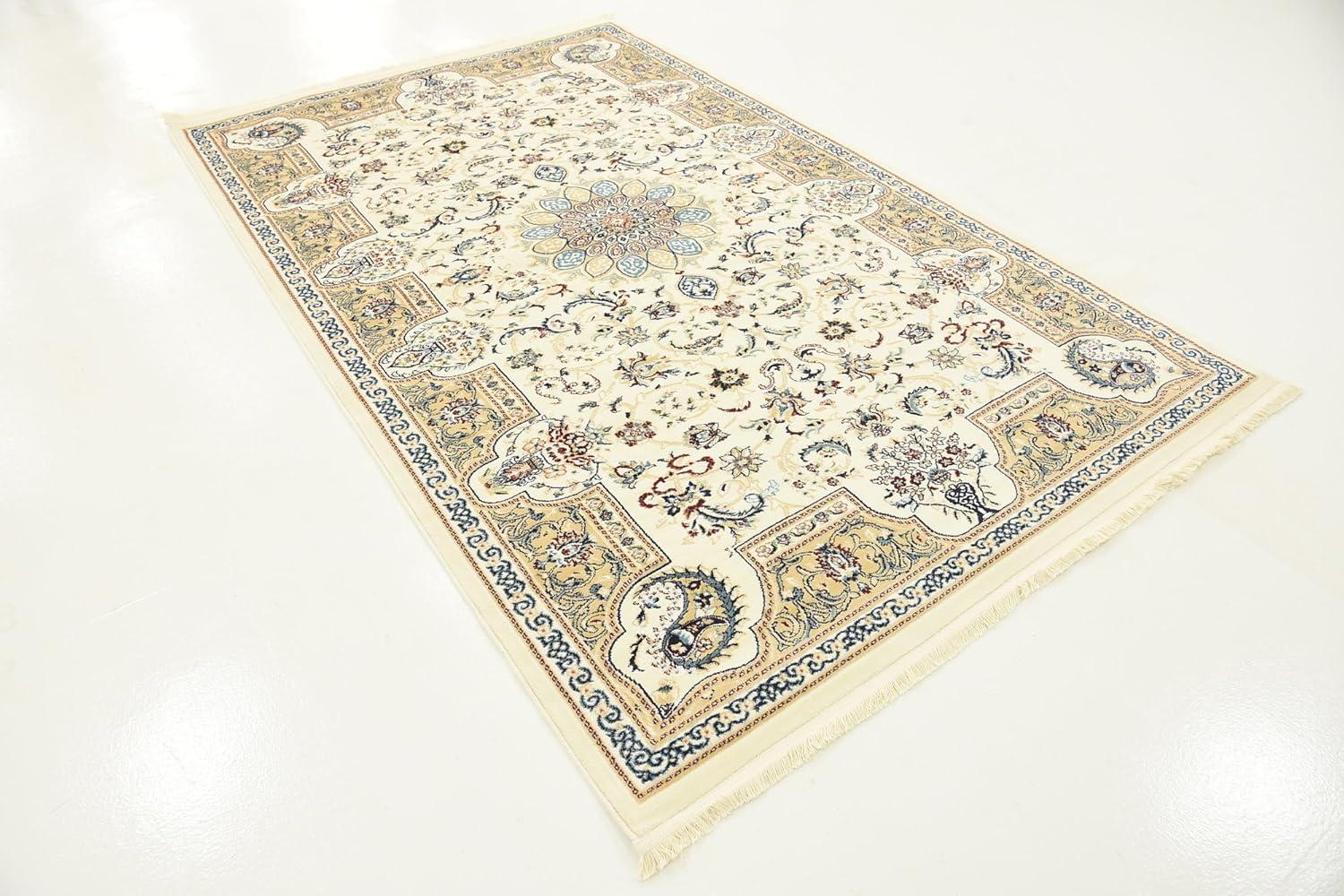 Ivory Floral Rectangular Synthetic Easy Care Rug