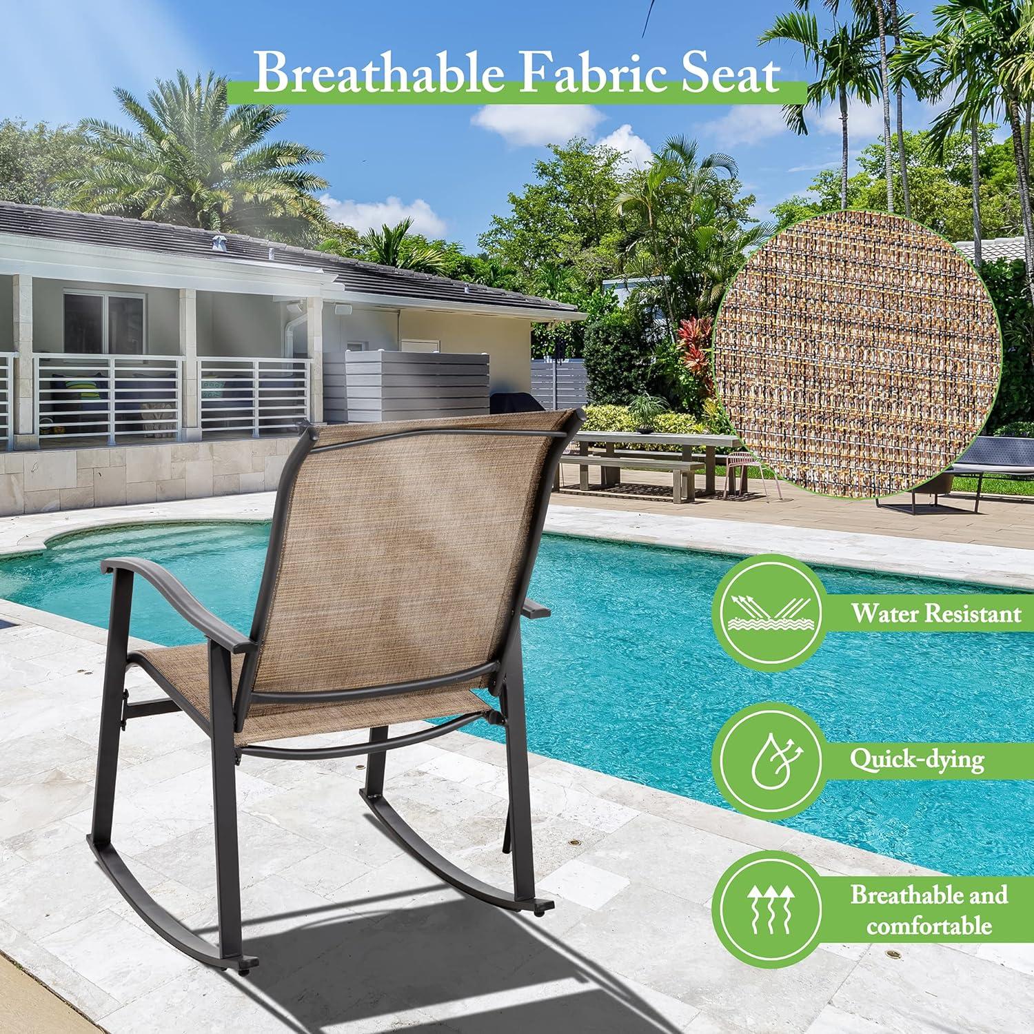 Sobaniilo 3 Piece Outdoor Rocking Bistro Set, Textilene Fabric Rocking Chair Set with Glass Table, Brown