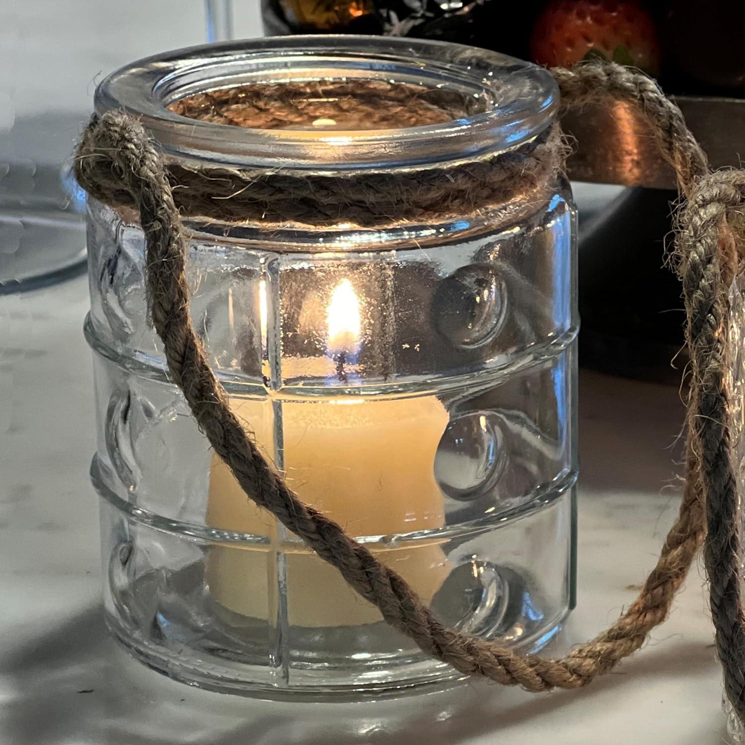 Beach Chic Nautical Rope Hurricane Lamps, Clear Glass Candle Holder, for LED or Wax Votive, Pillar or Tealights, Wind Light, Set of 5, 2 3/4 x 2 3/4 x 3 1/2 Inches