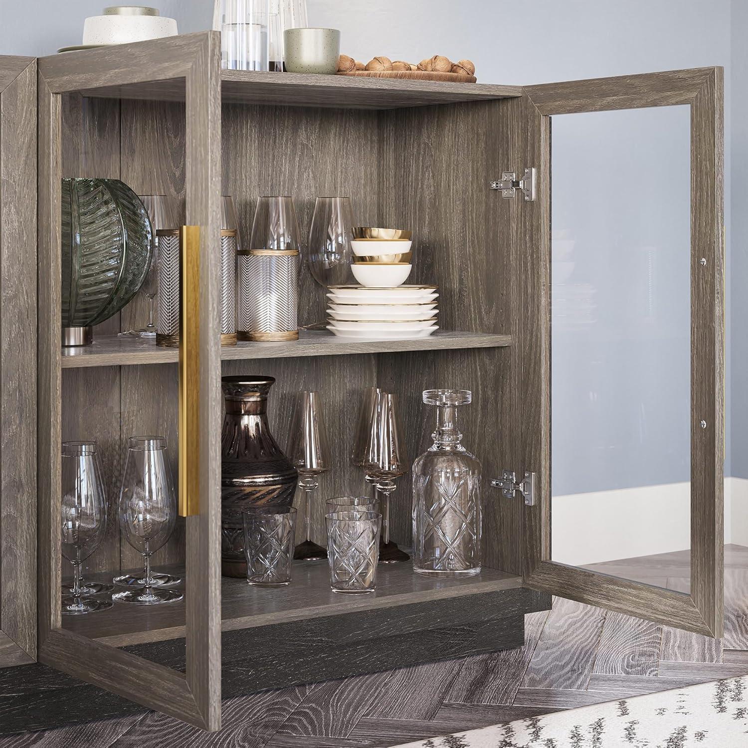 BELLEZE Sideboard Buffet Cabinet, Modern Wood Glass-Buffet-Sideboard with Storage, Console Table for Kitchen, Dinning Room, Living Room, Hallway, or Entrance - Brixston (Brown)