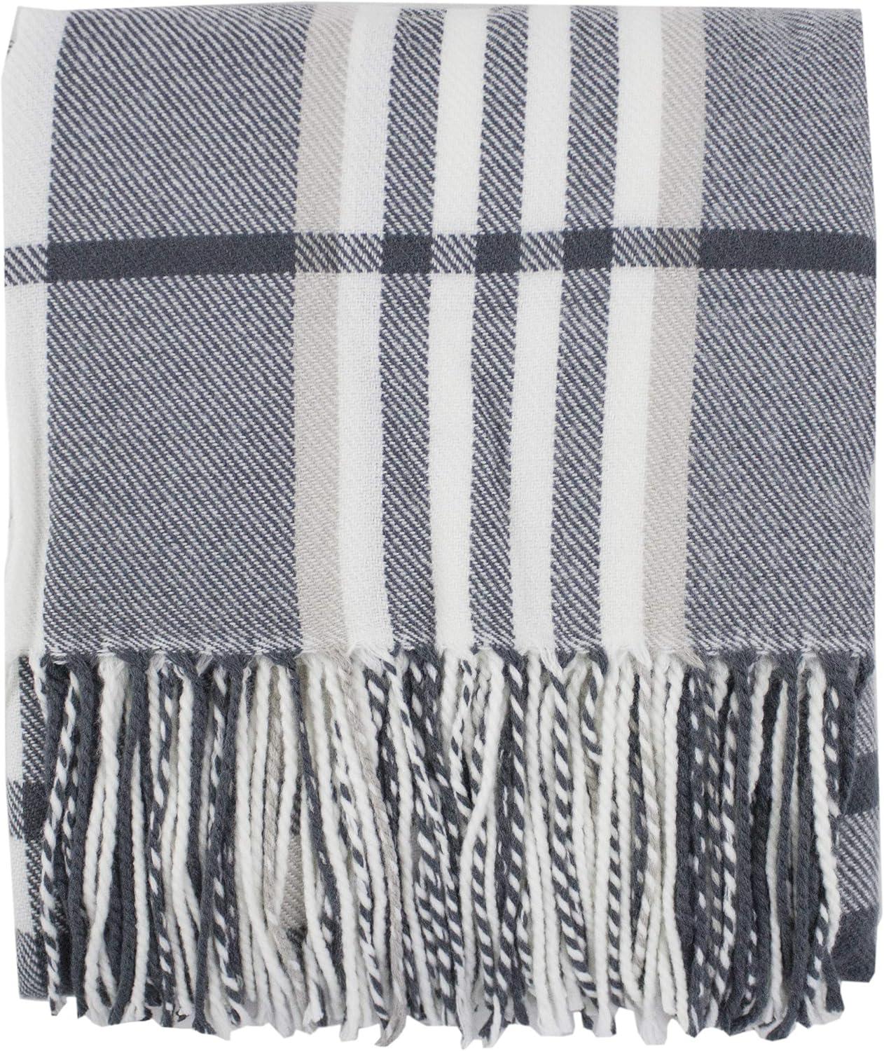 Gray Plaid Design Throw Blanket with Tassels - 50" x 60"