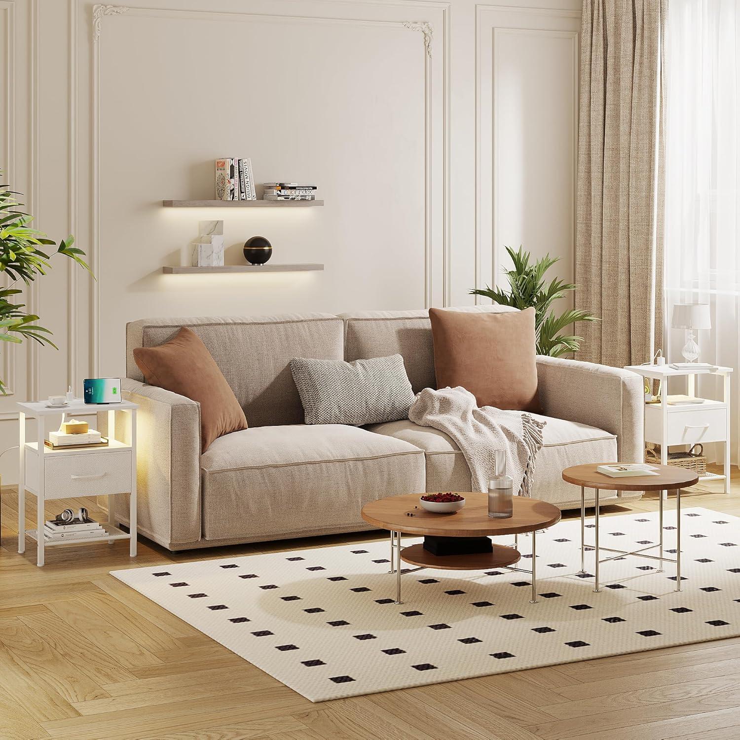 White Slim End Table with LED Light and Charging Station