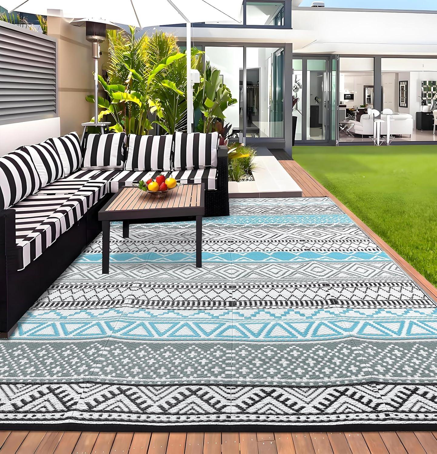 Garvee 9'x12' Plastic Outdoor Rugs, Bohemia Waterproof Straw Rug Reversible Indoor Outdoor Carpet for Patio RV Deck Porch Backyard Balcony Camping Picnic Beach, Multi-color