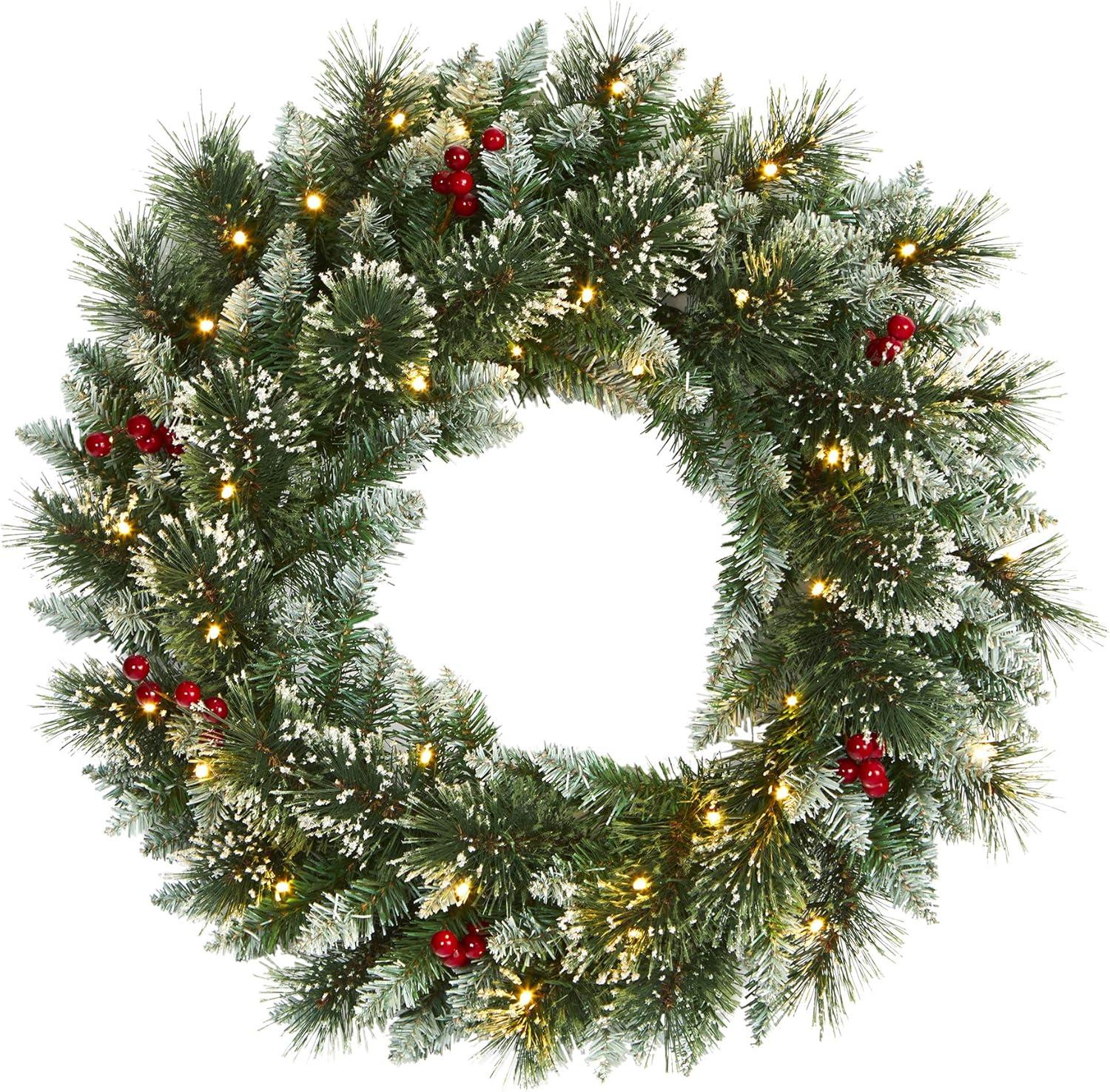 24-Inch Frosted Pine Wreath with LED Lights and Berries