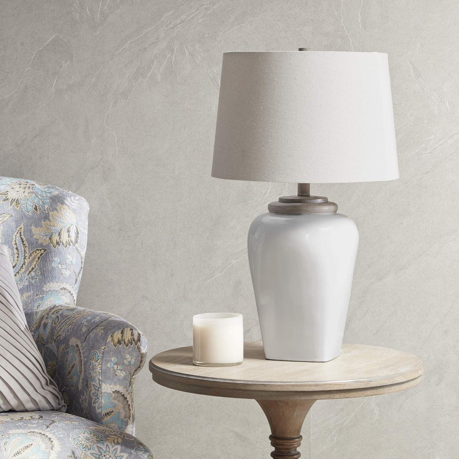 White Ceramic Table Lamp with Light Wood Accents and Empire Shade