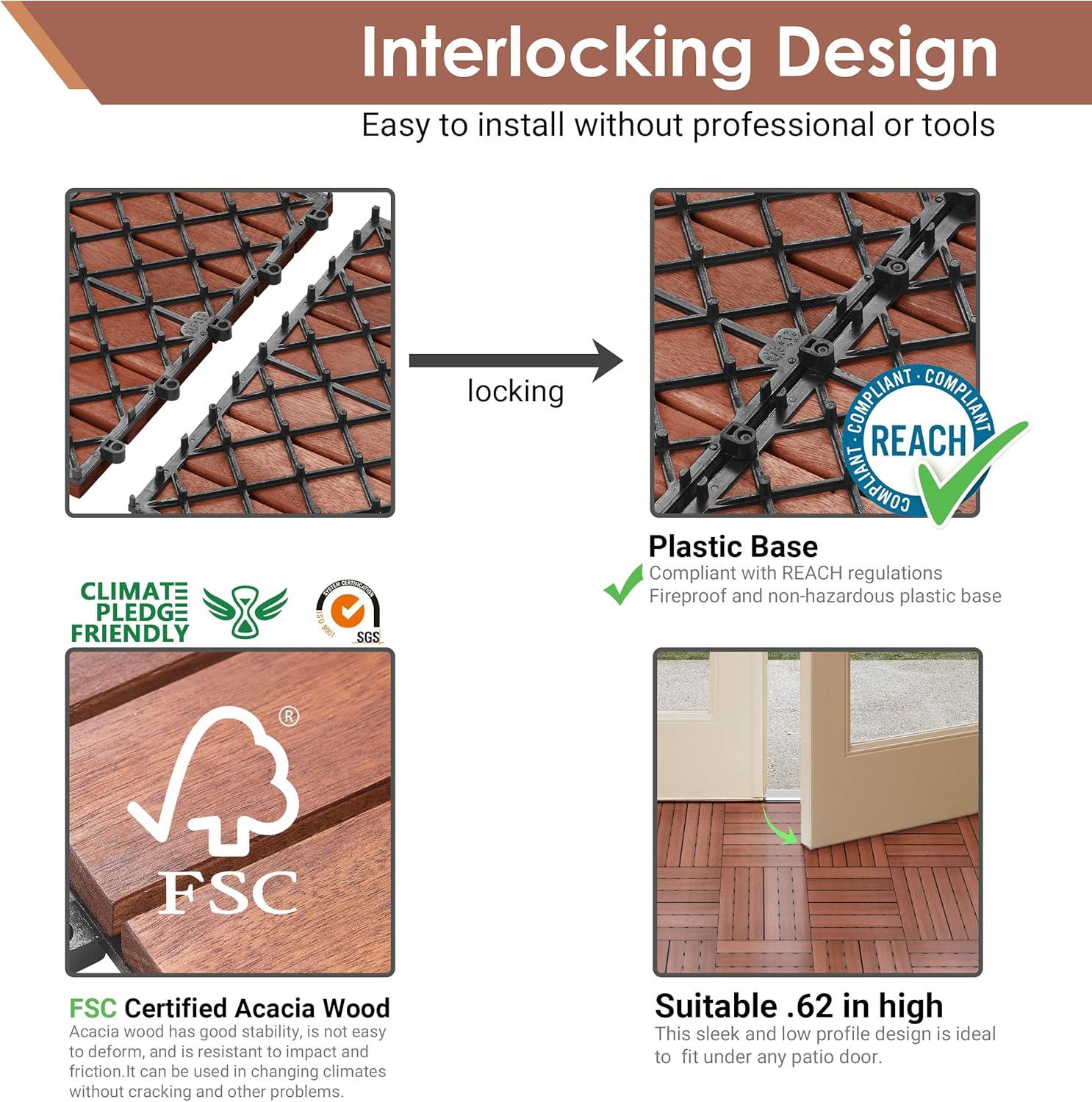 Natural Acacia Wood Interlocking Deck Tiles with Water Protection, 27 Pack