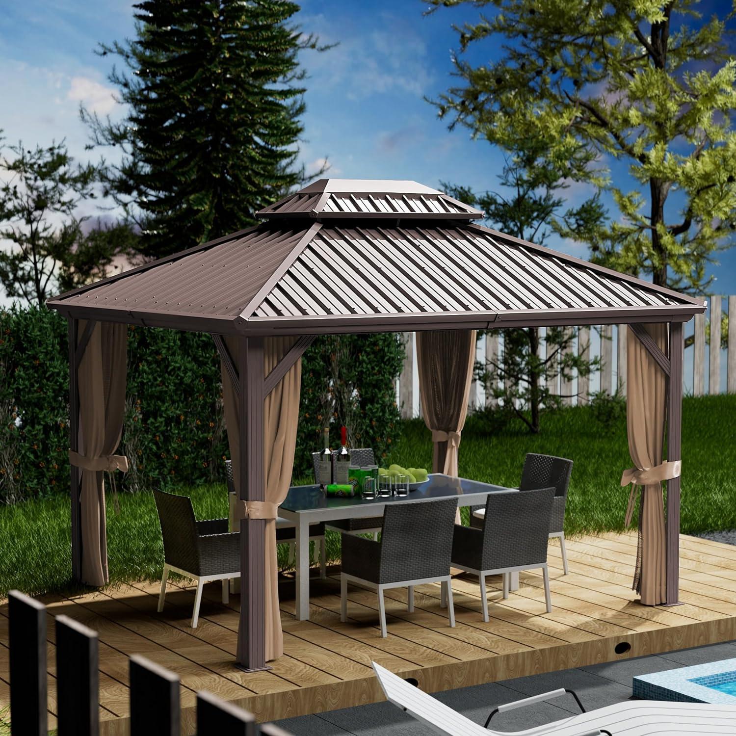 Kozyard Alexander 10?x12? Dark Brown Double Roof Hardtop Gazebo with Curtain and Mosquito Netting