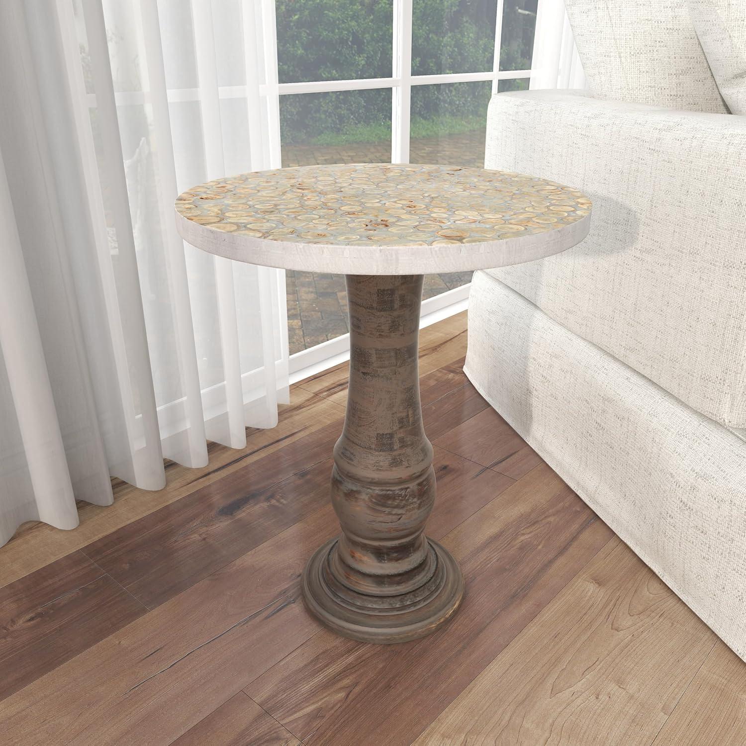 Gray Mango Wood Round Distressed Accent Table