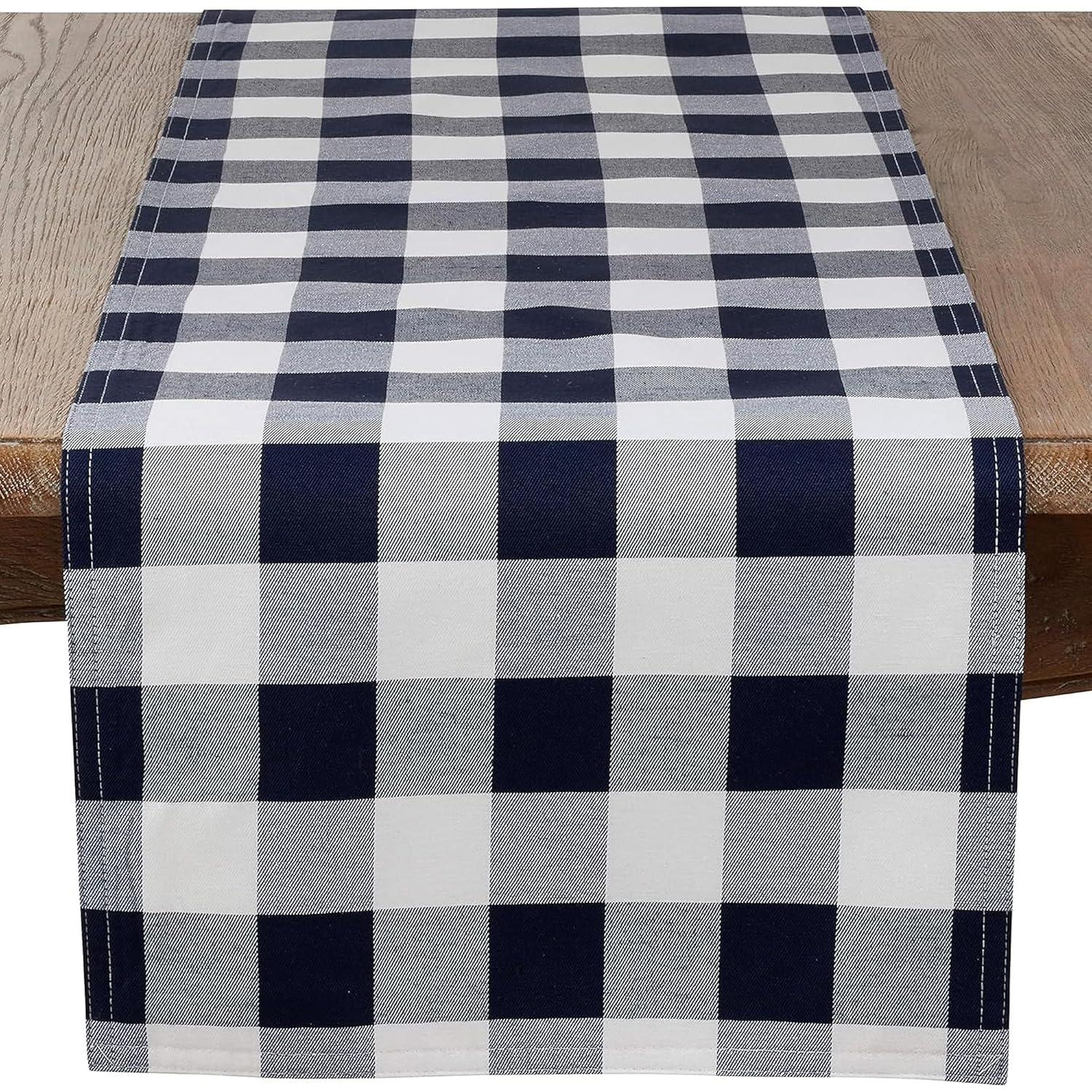 Saro Lifestyle Cotton And Poly Blend Table Runner With Plaid Design, Navy Blue, 16" x 72"