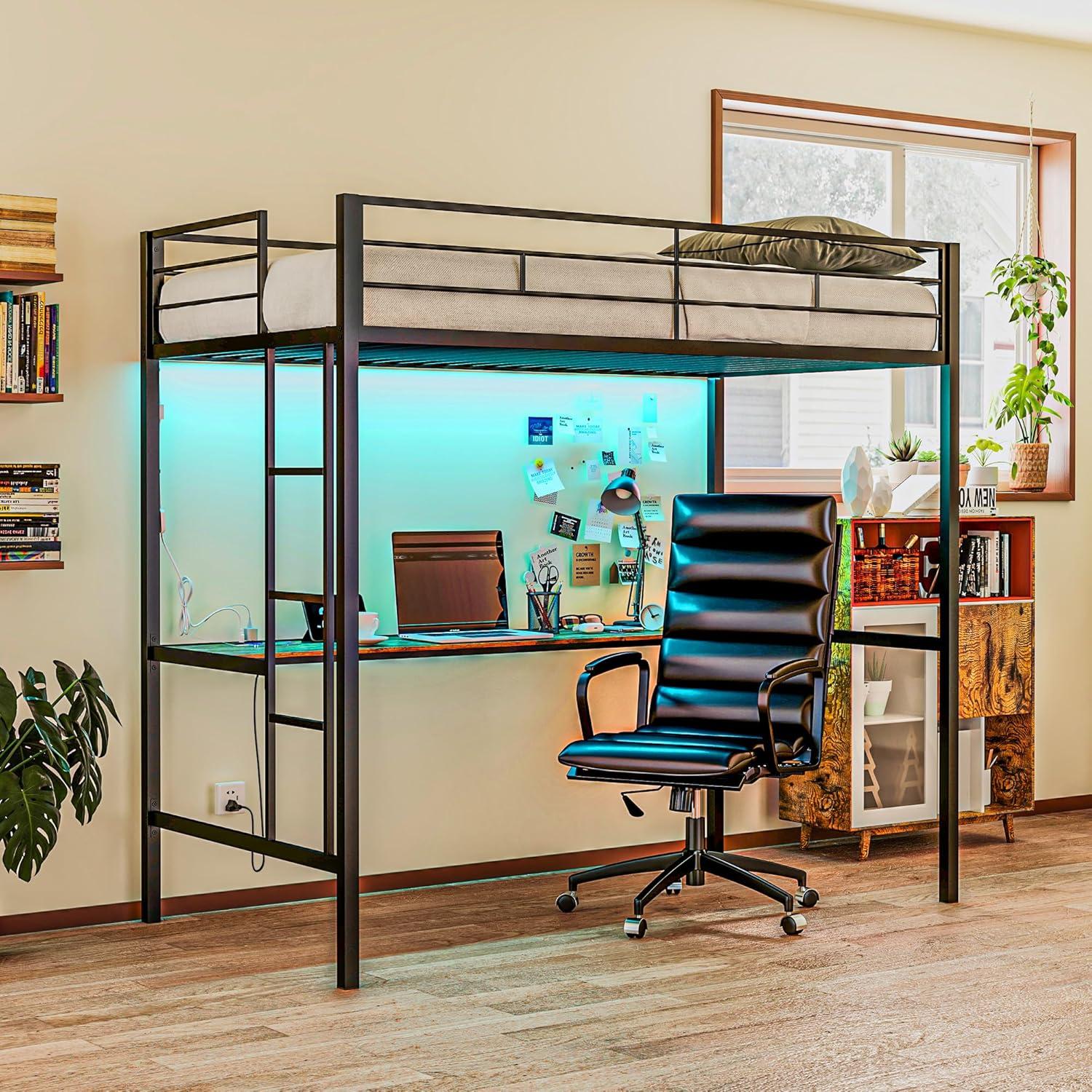 HOMCOM Twin Loft Bed with Desk, LED Lights, Charging Station, Twin Size Metal Loft Bed Frame with Safety Guardrail, Ladder, Noise Free, Black