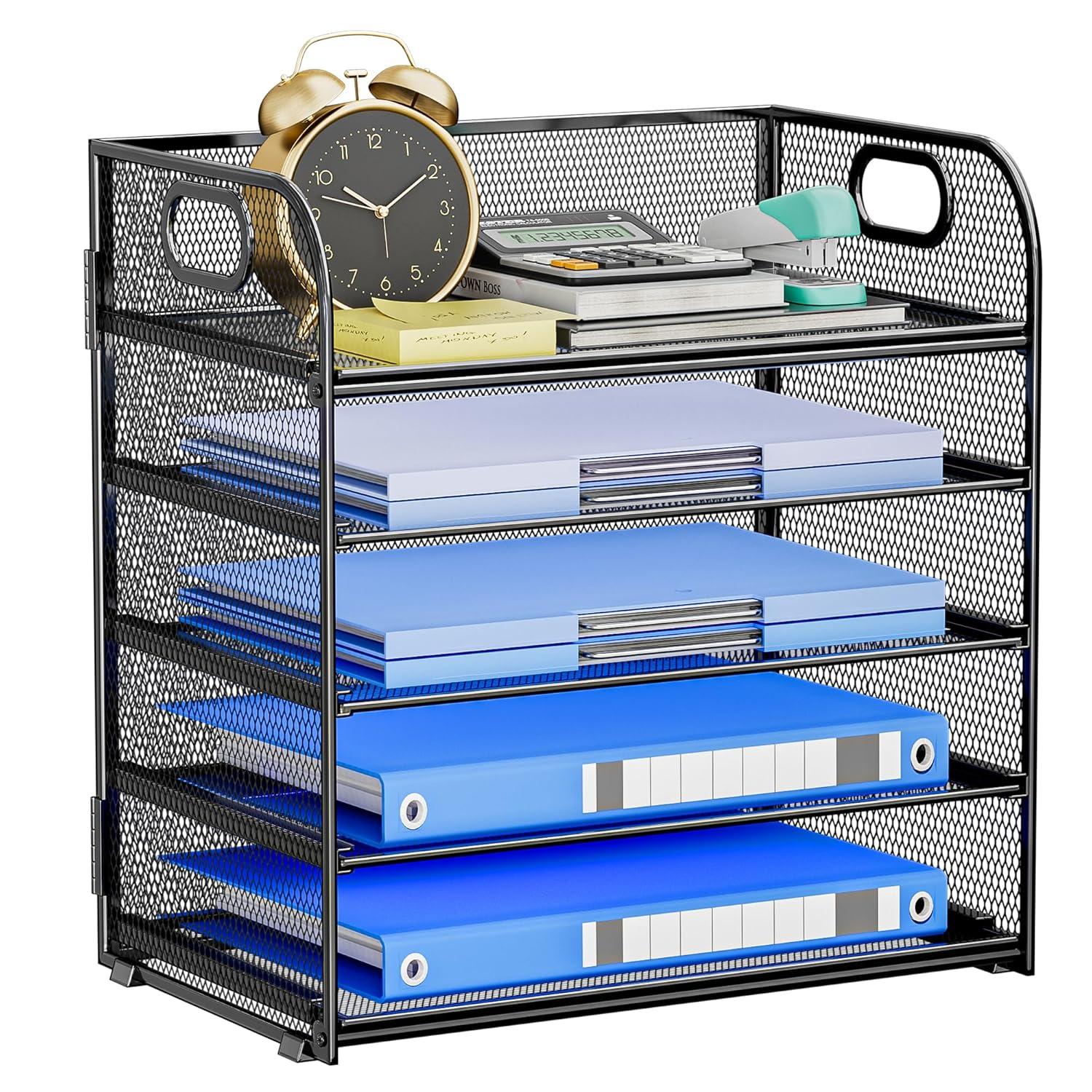 Paper Organizer for Desk Accessories & workspace 5 Tier Organizers Organizer with Handle Letter Tray Mesh Paper Sorter Desk Organizer for Office Home Supplies-Black