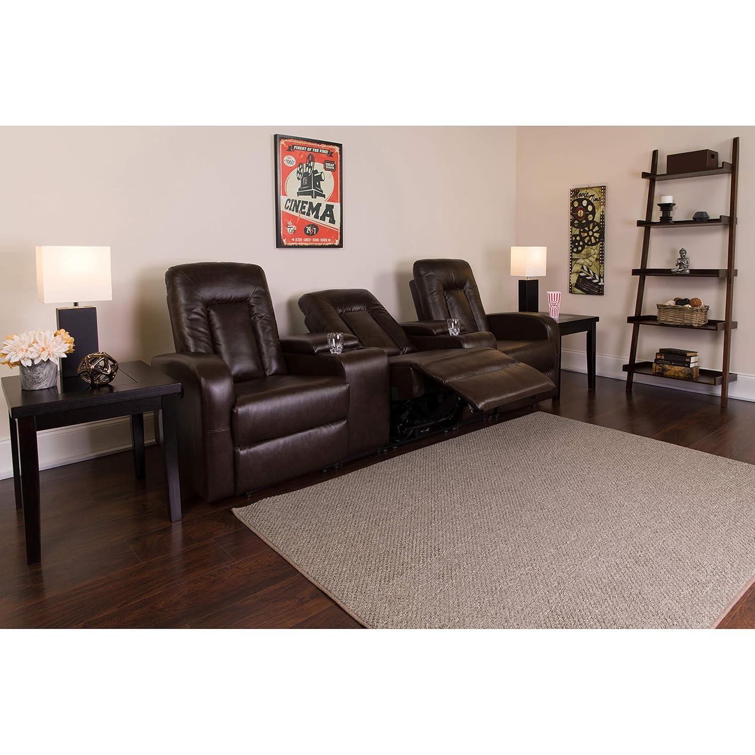Brown Faux Leather Reclining Theater Seating with Cup Holders