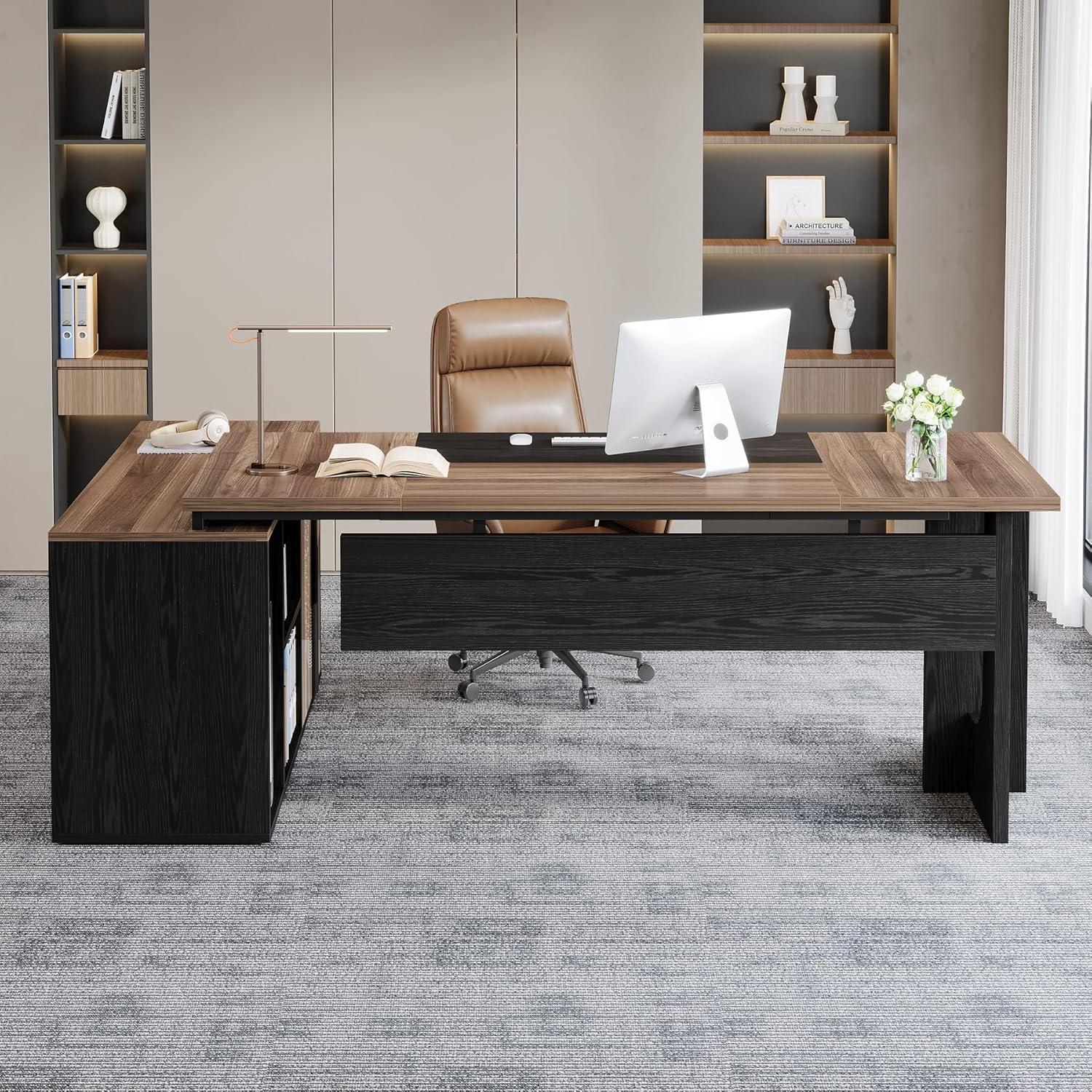 Tribesigns 74.8 Inch Executive Desk, Large Office Desk with Cabinet, L Shaped Computer Table with Shelves and CPU Storage, Modern Home Office Desks Business Furniture Workstation Set