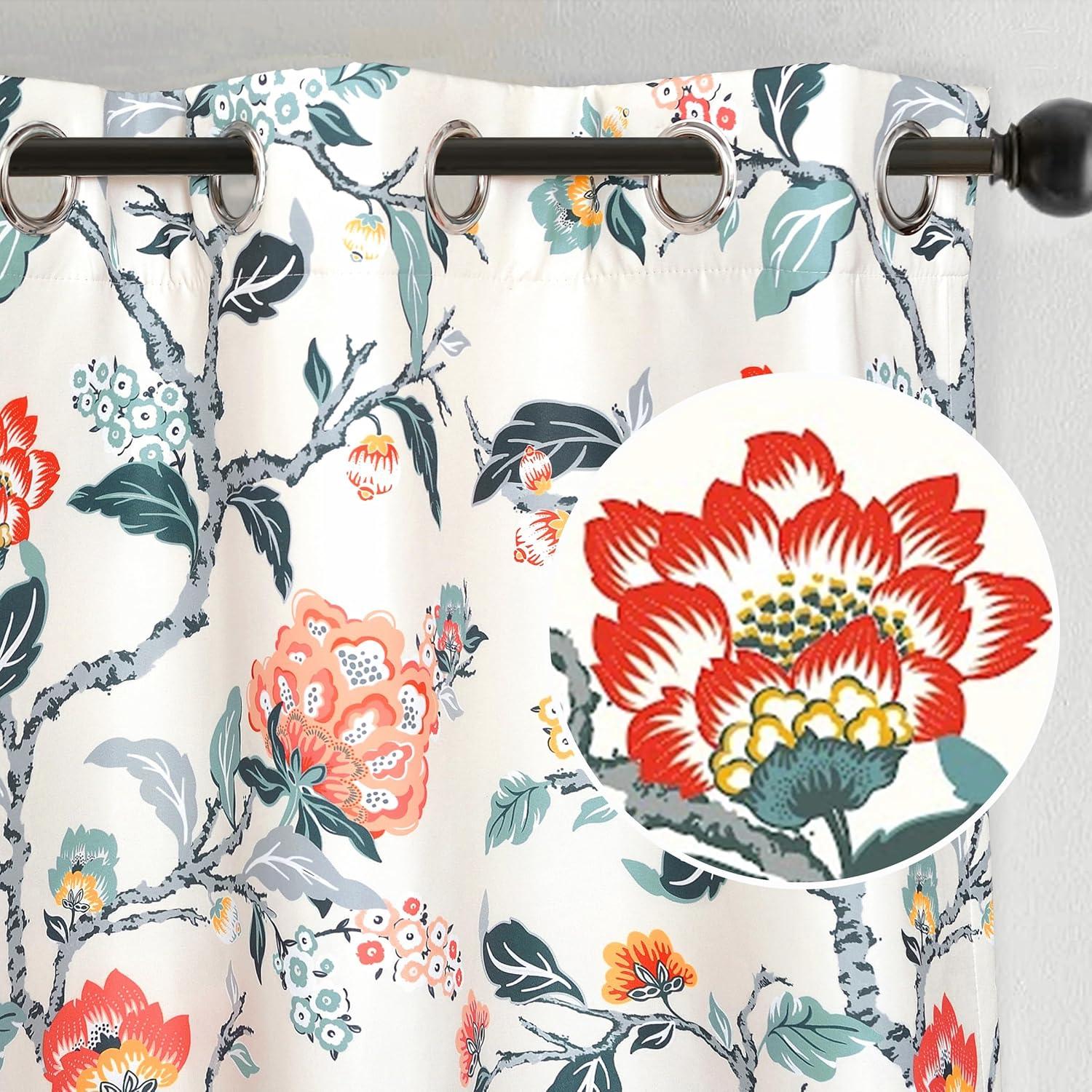 DriftAway Ada Floral Lined Thermal Insulated Room Darkening Blackout Grommet Window Curtains, 2 Panels, 52" x 63", Ivory Orange Teal